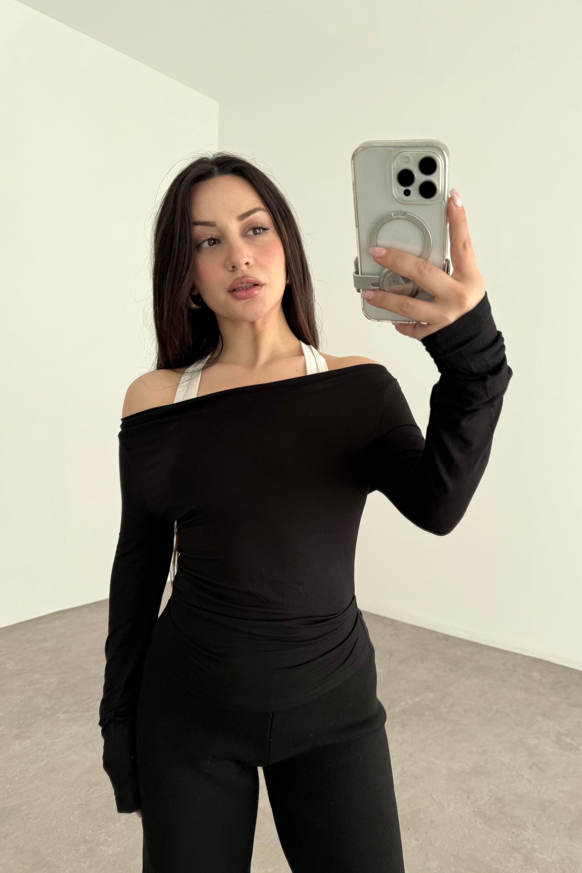 Kayık Yakalı Drapeli Opak Basic Siyah Body