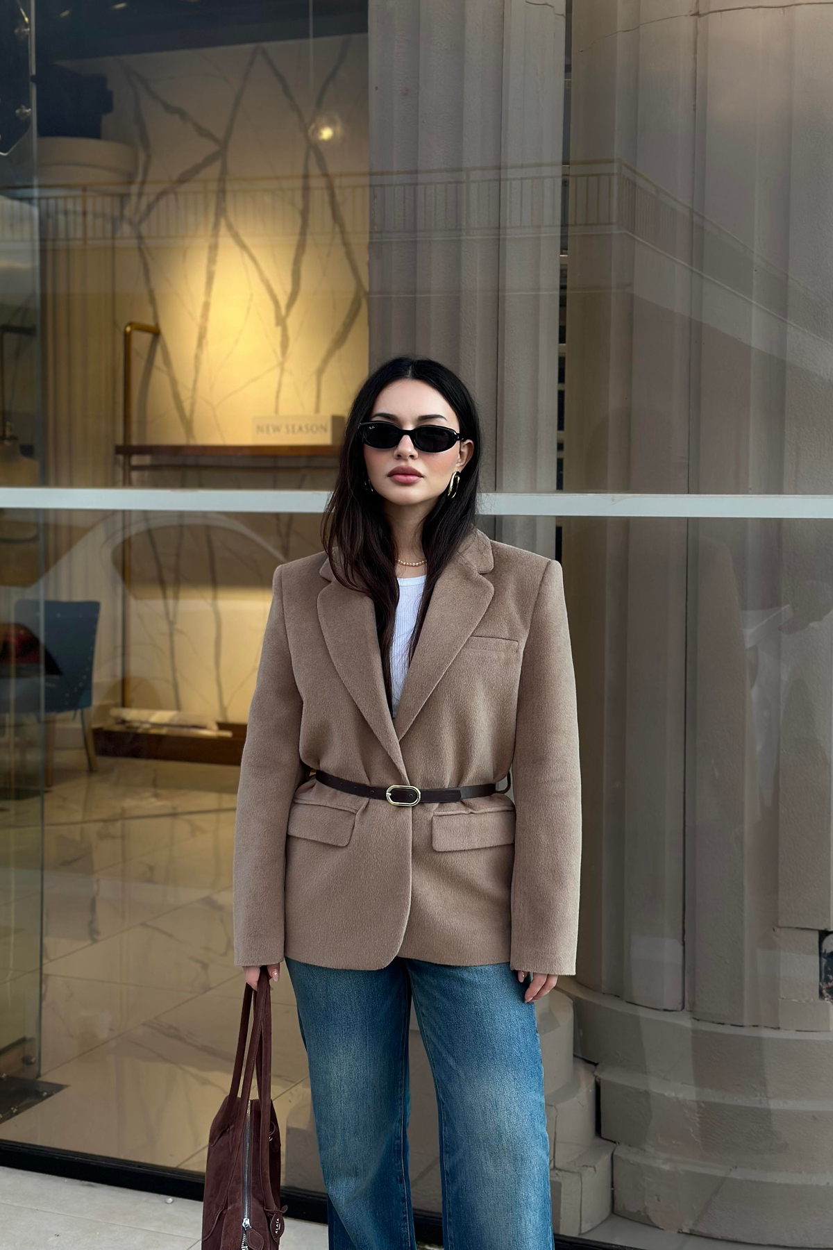 Premium Kemer Detaylı Dokulu Vizon Blazer Ceket