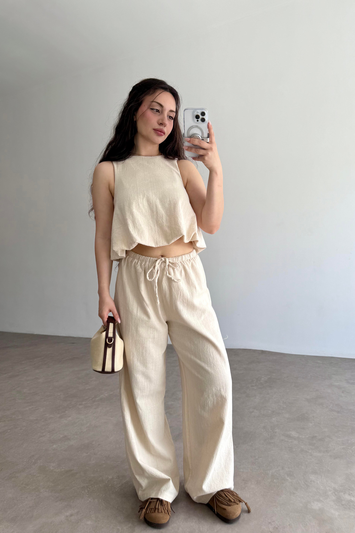 Üstü Balon Keten Pantolonlu Natural Takım 