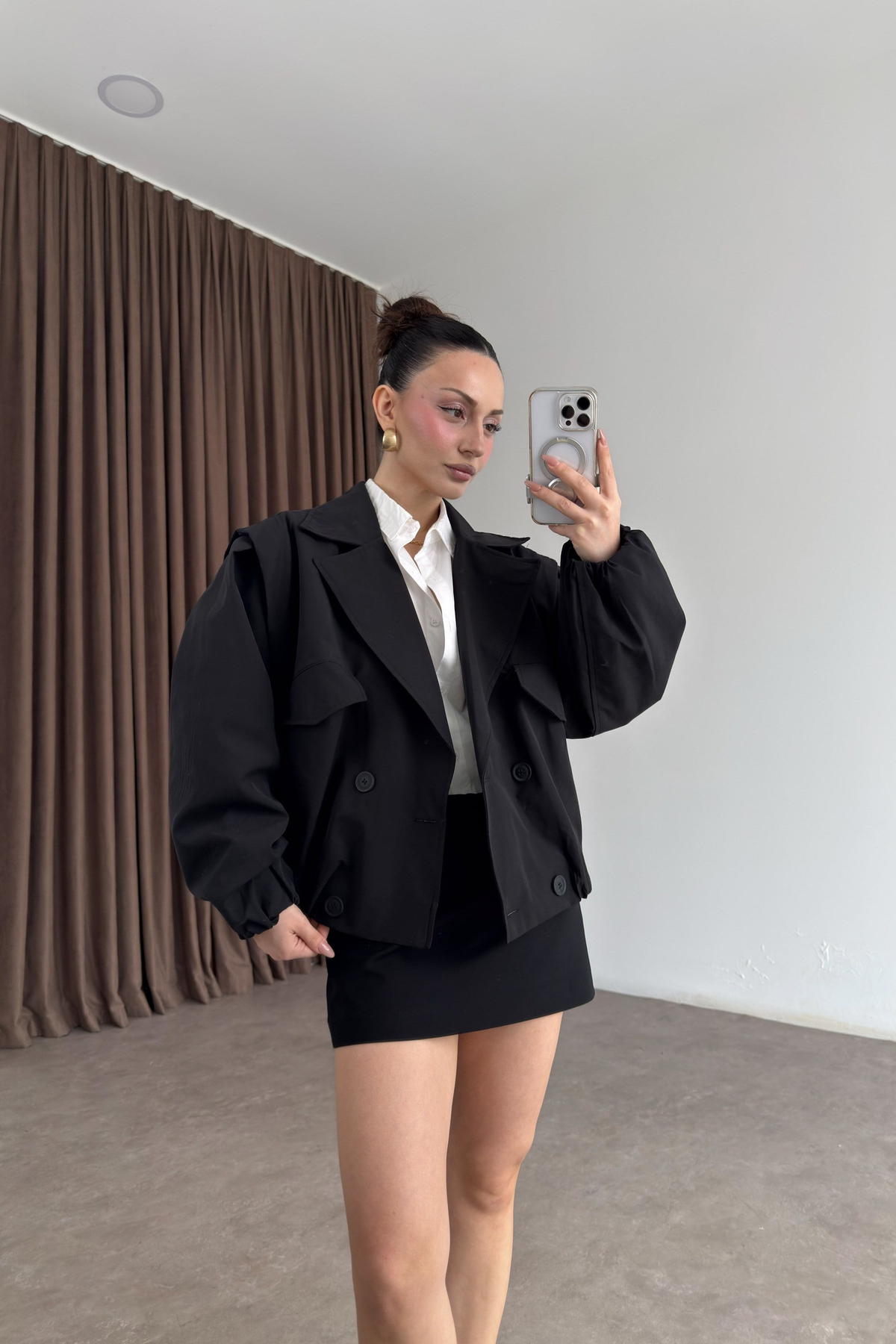 Kruvaze Bomber Model Düğmeli Siyah Ceket