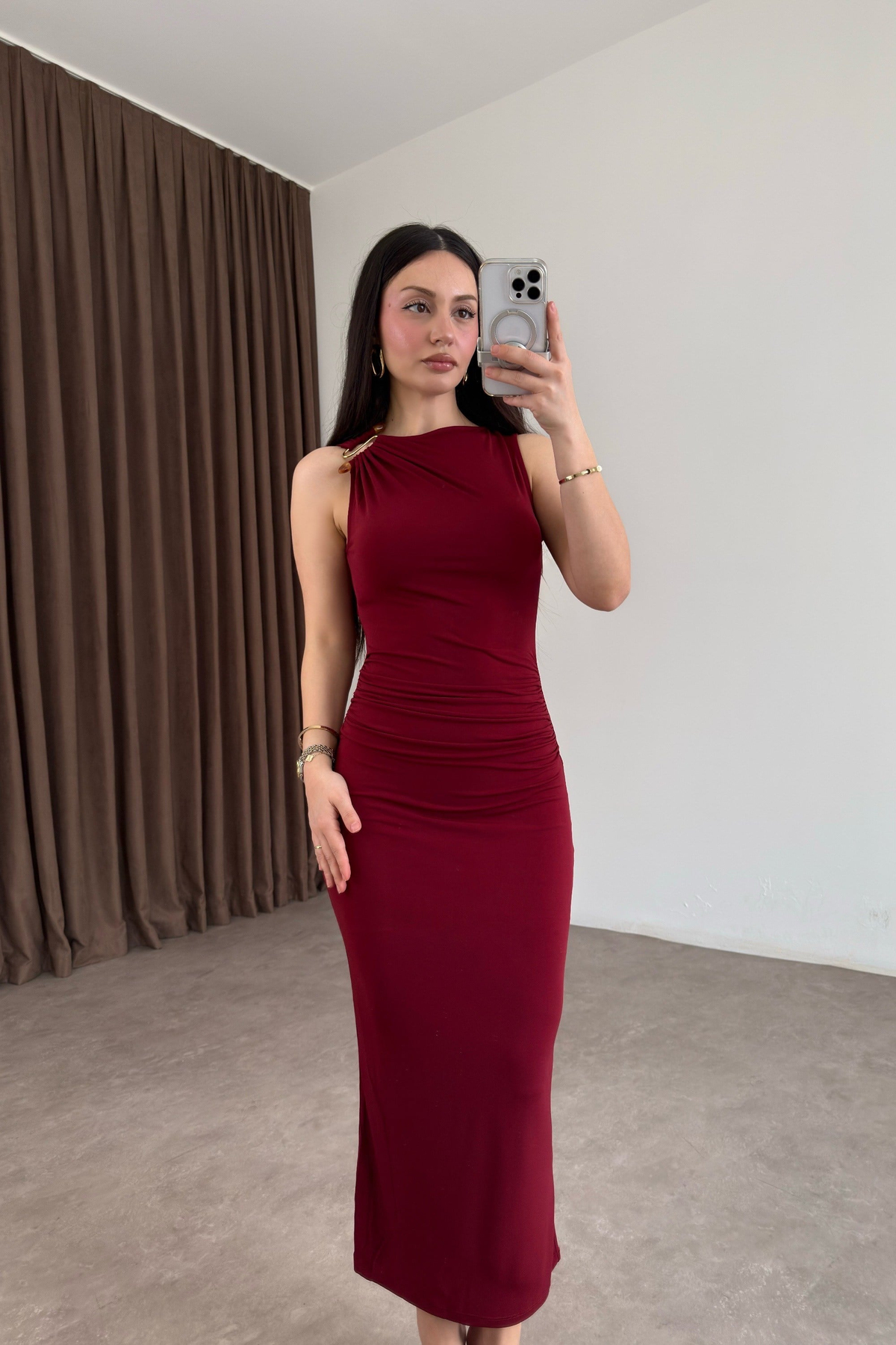 Mng Orijinal Mücevher Detaylı Mürdüm Midi Elbise