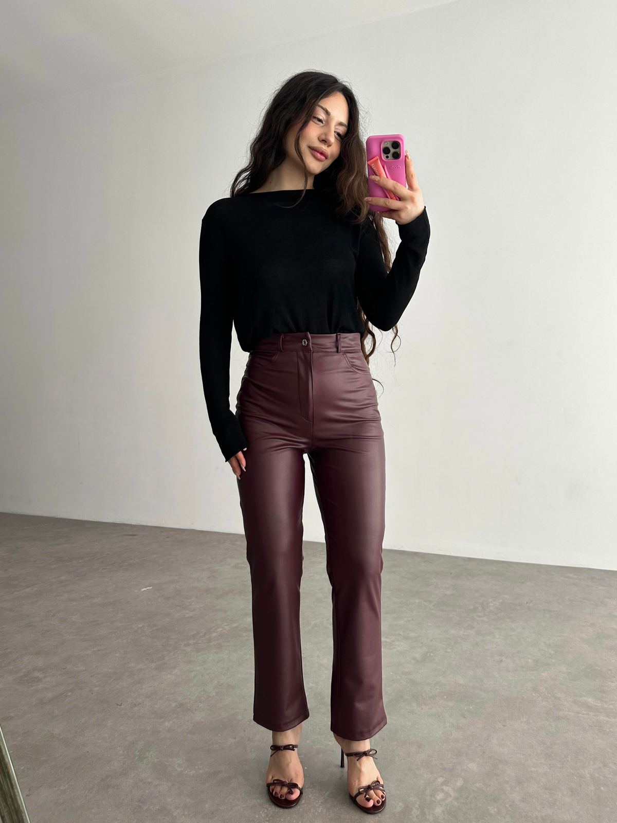 Mng Orj. Yüksek Belli Bilek Boy Deri Pantolon Bordo