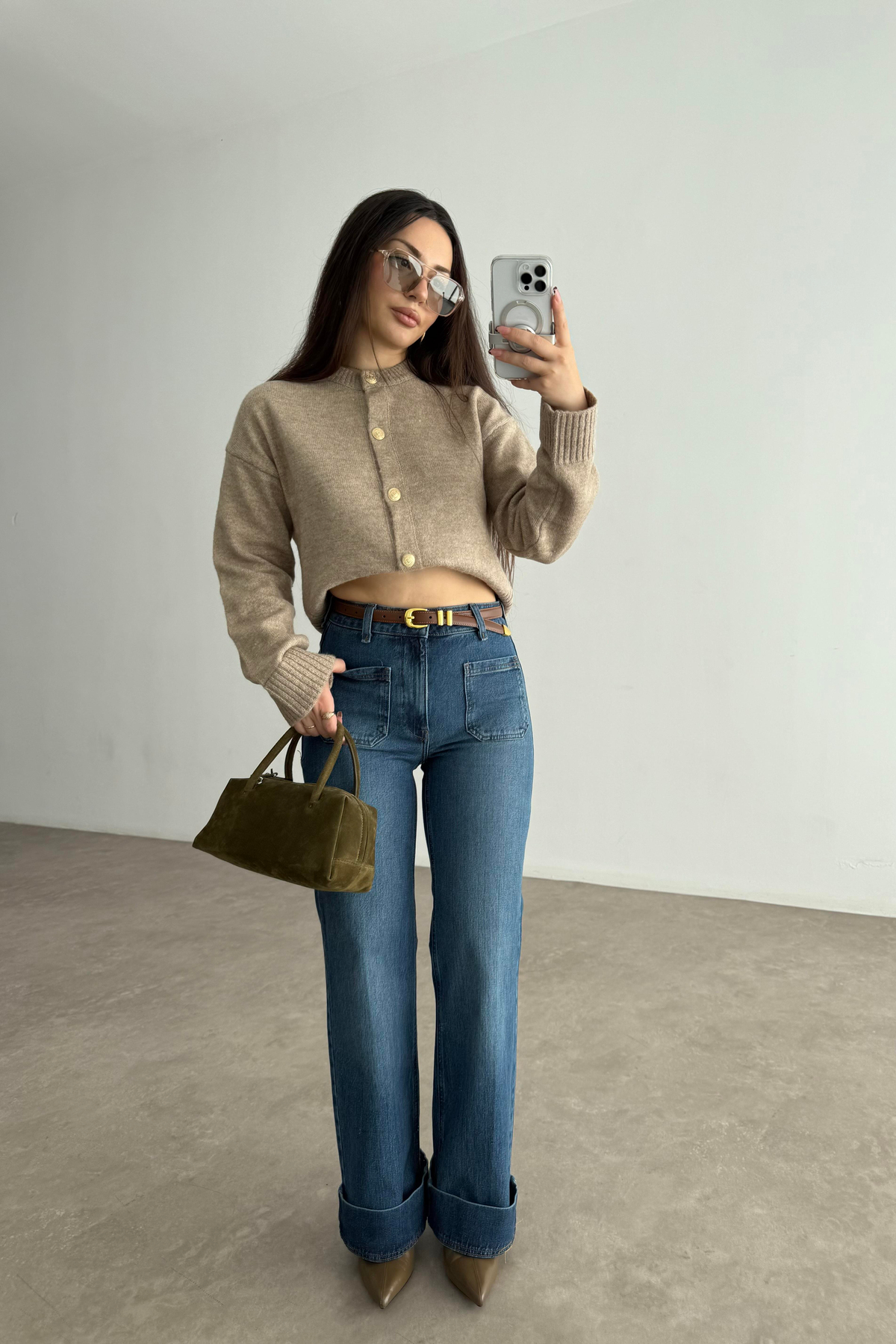 Orj. Marka Önü Cep Detaylı Paçası Kıvrık Yüksek Belli Orta Mavi Jean 