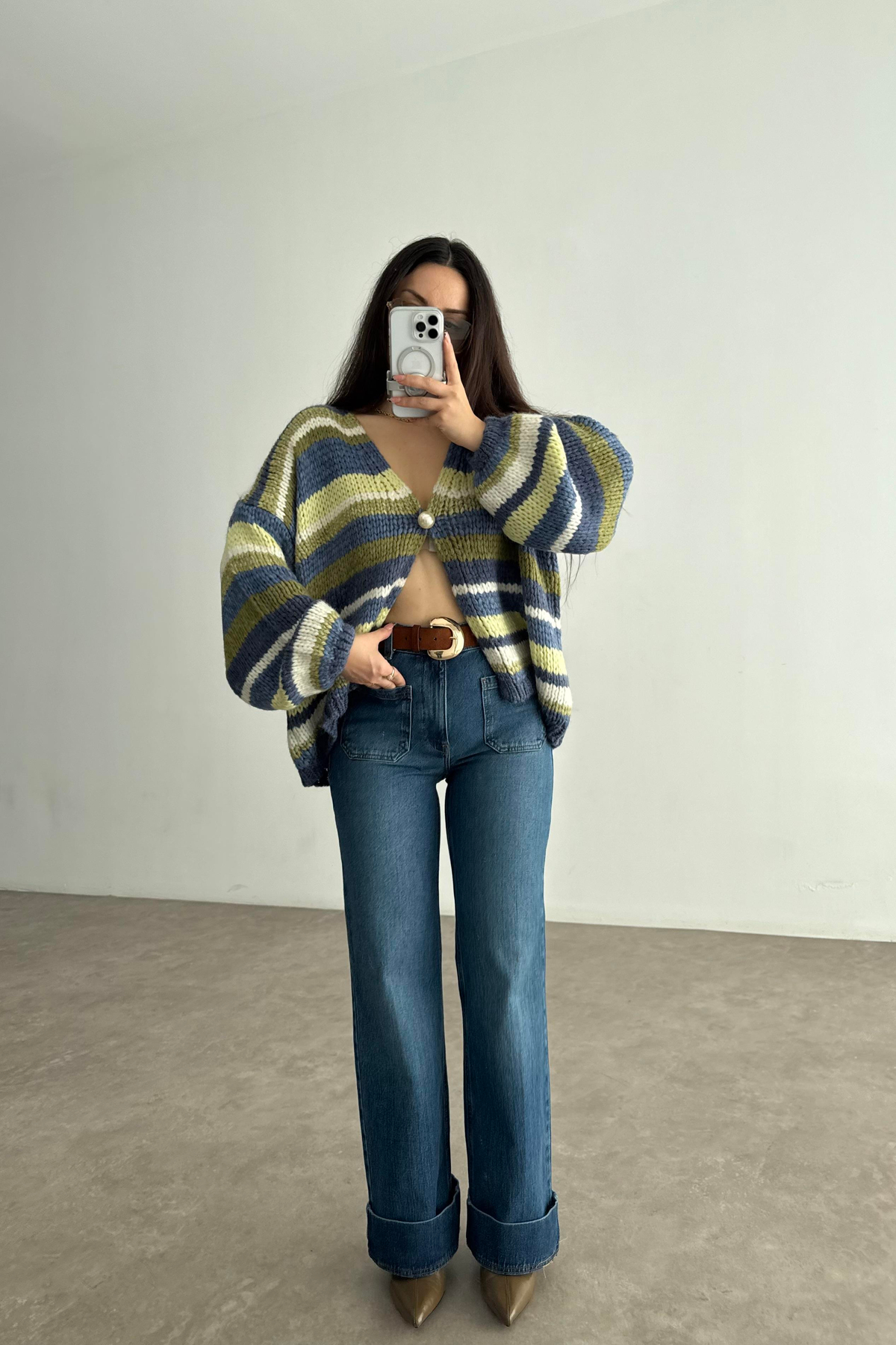 Orj. Marka Önü Cep Detaylı Paçası Kıvrık Yüksek Belli Orta Mavi Jean 