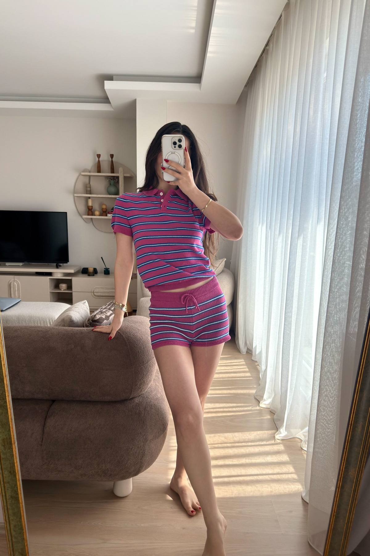 PB Orijinal Mavi Çizgili Pembe Merserize Örgü Takım