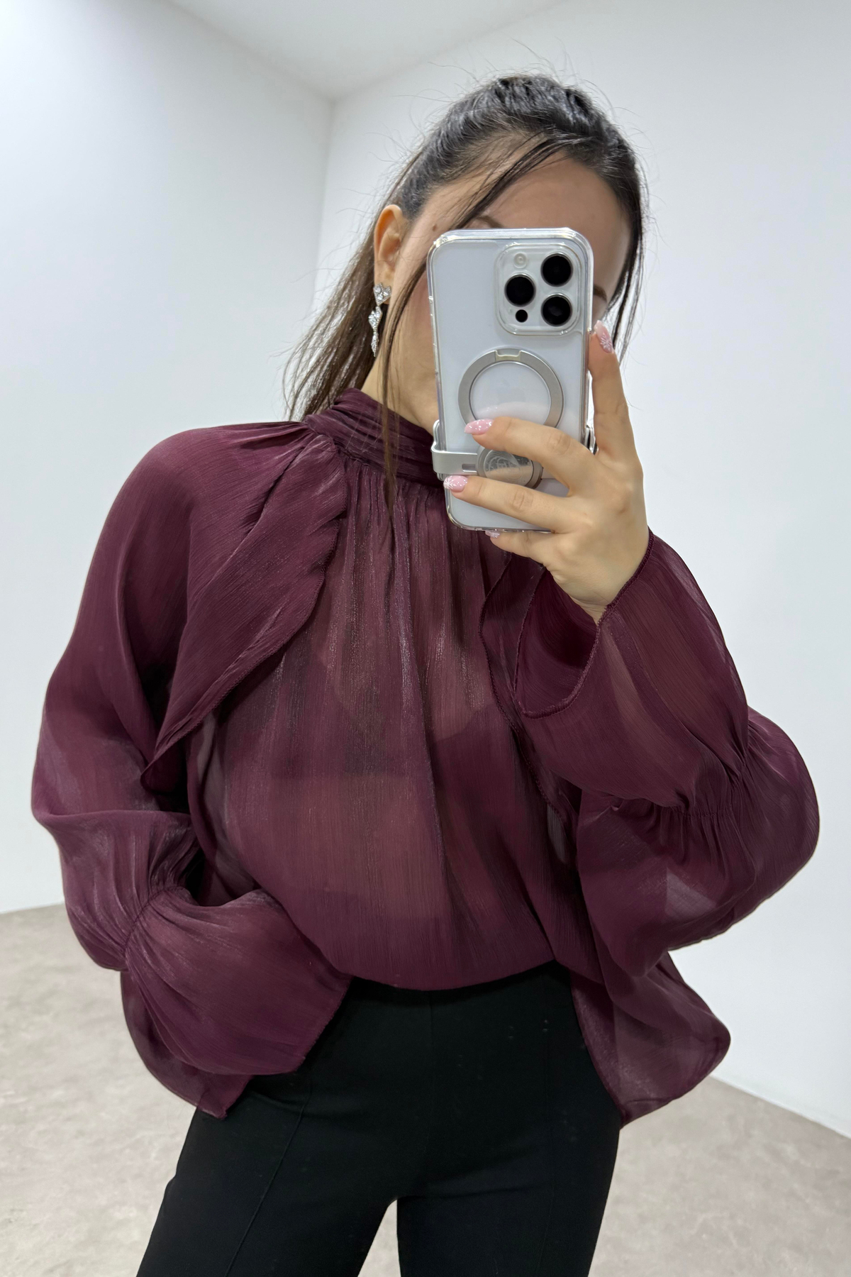 Peri Kumaş Bağlama Detaylı Bordo Şık Bluz