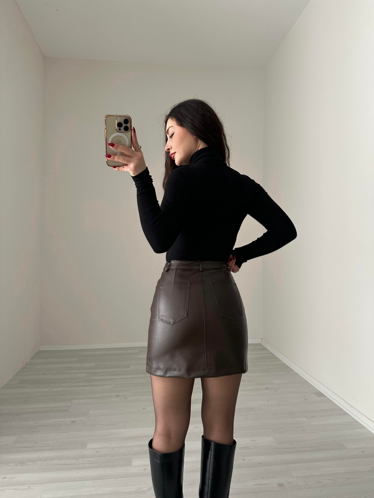 Premium Acı Kahve Deri Mini Etek