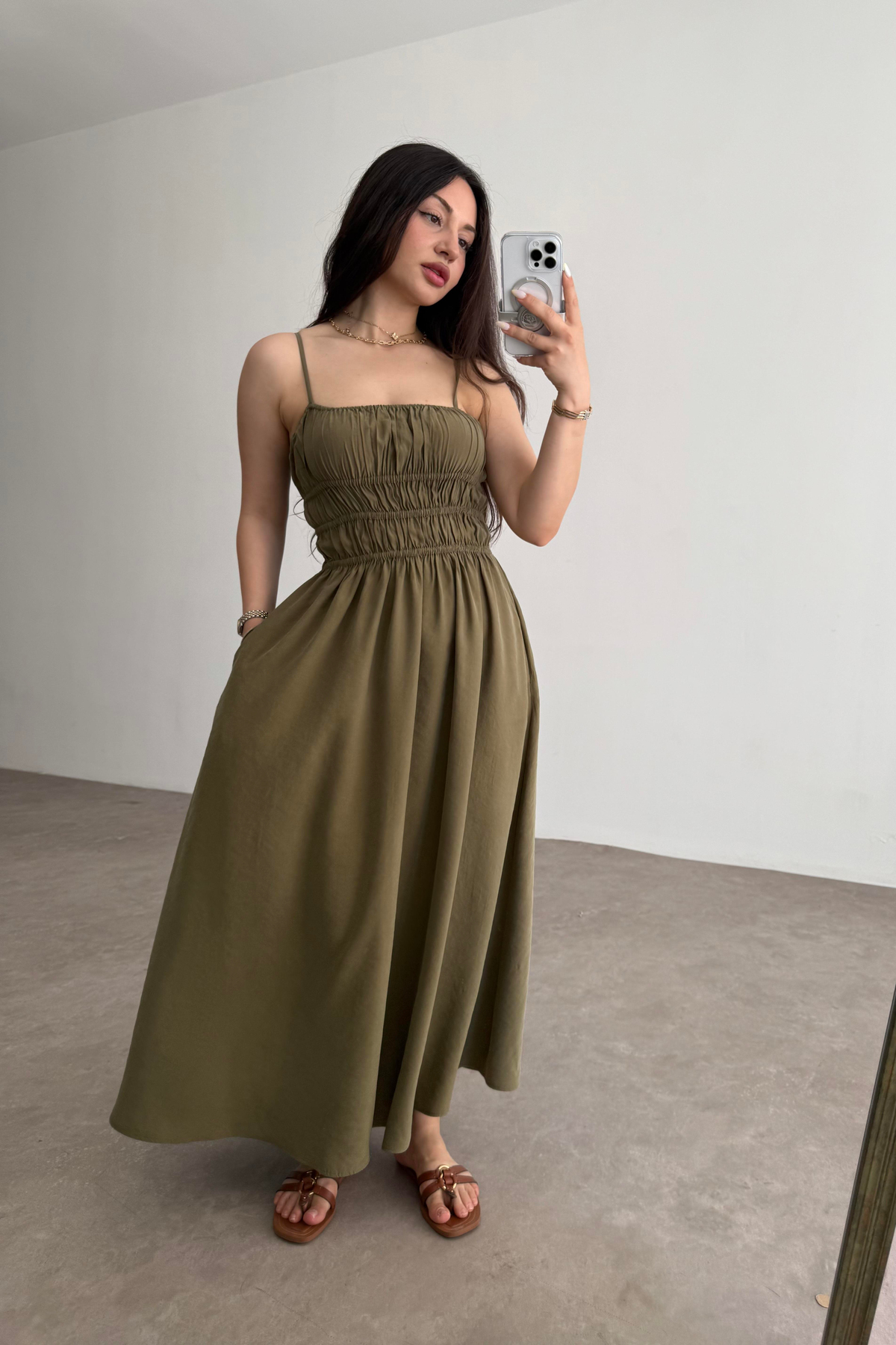 Premium Askılı Beli Lastikli Midi Elbise Haki 