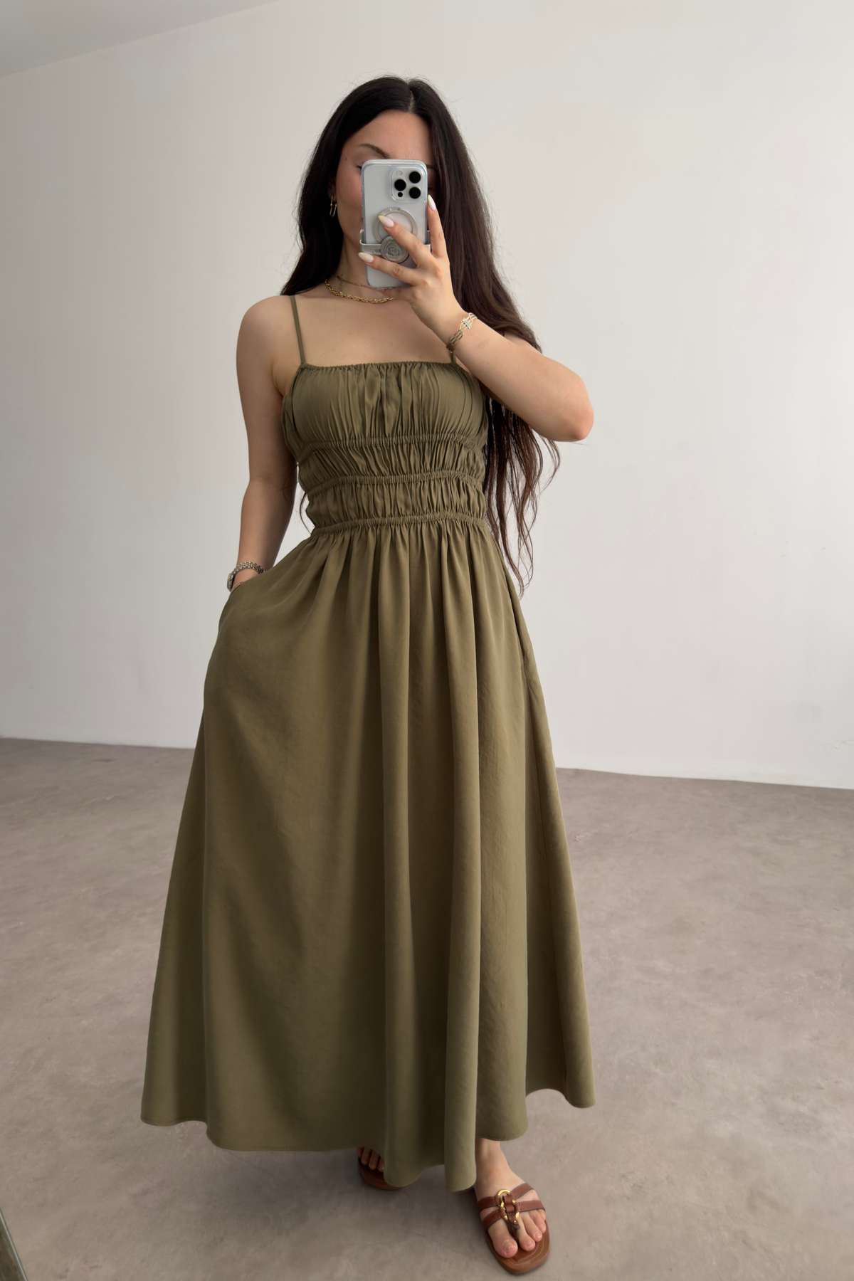 Premium Askılı Beli Lastikli Midi Elbise Haki 