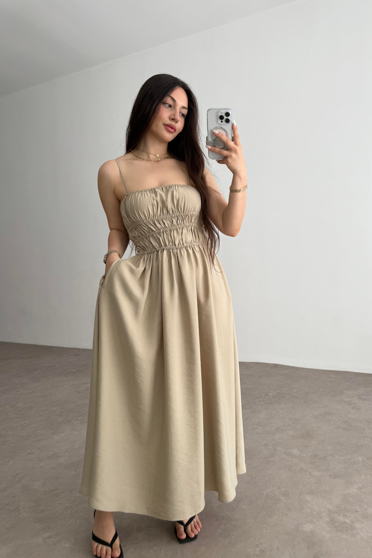 Premium Askılı Beli Lastikli Midi Elbise Taş 
