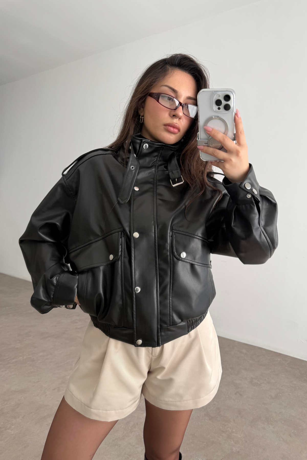 Premium Biker Model Dik Yakalı Deri Ceket