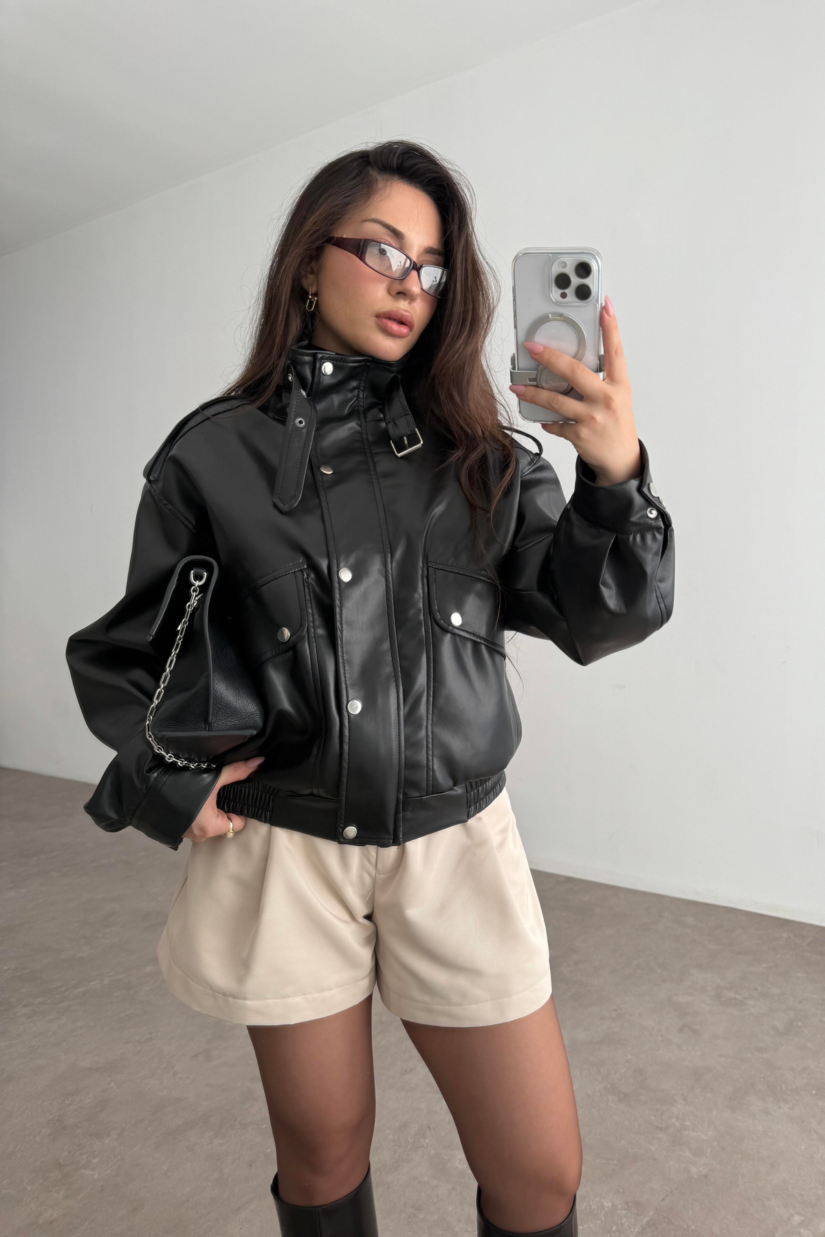 Premium Biker Model Dik Yakalı Deri Ceket