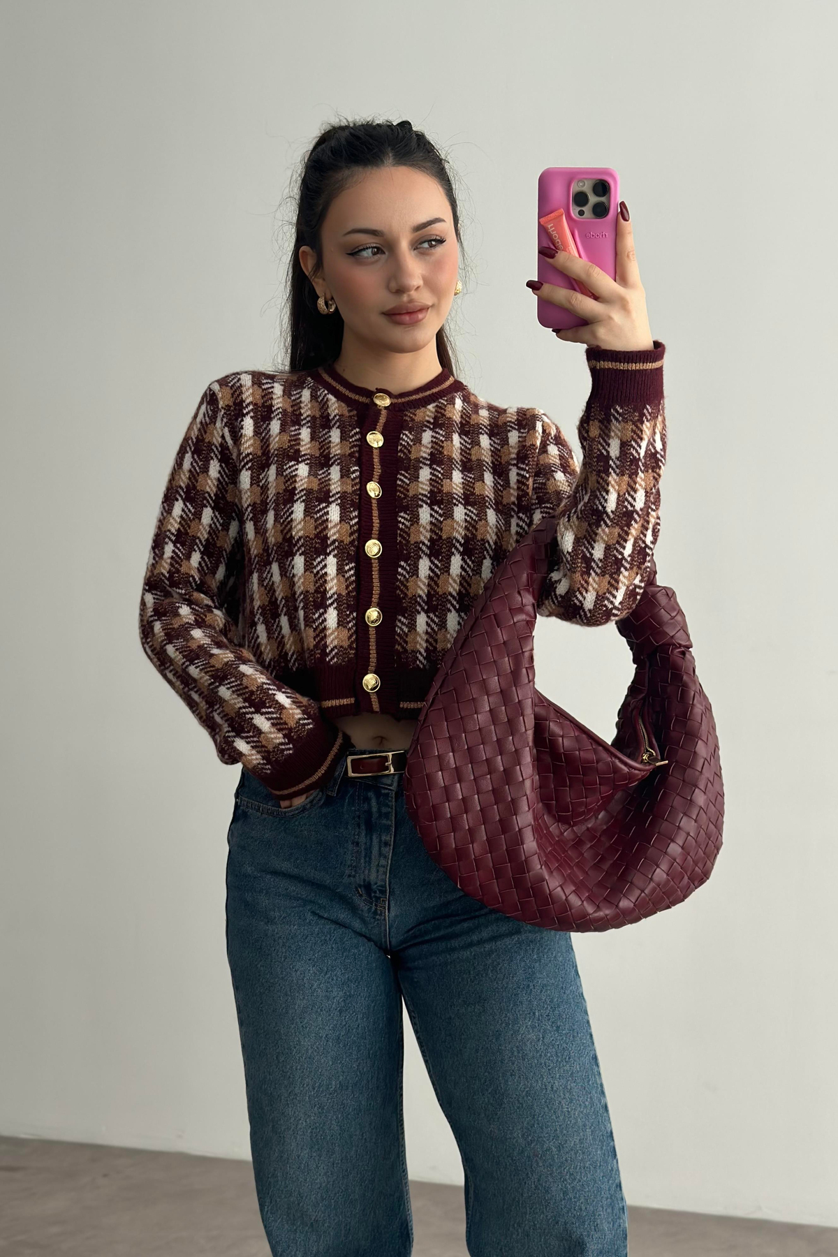 Premium Bordo Desenli Gold Düğmeli  Hırka