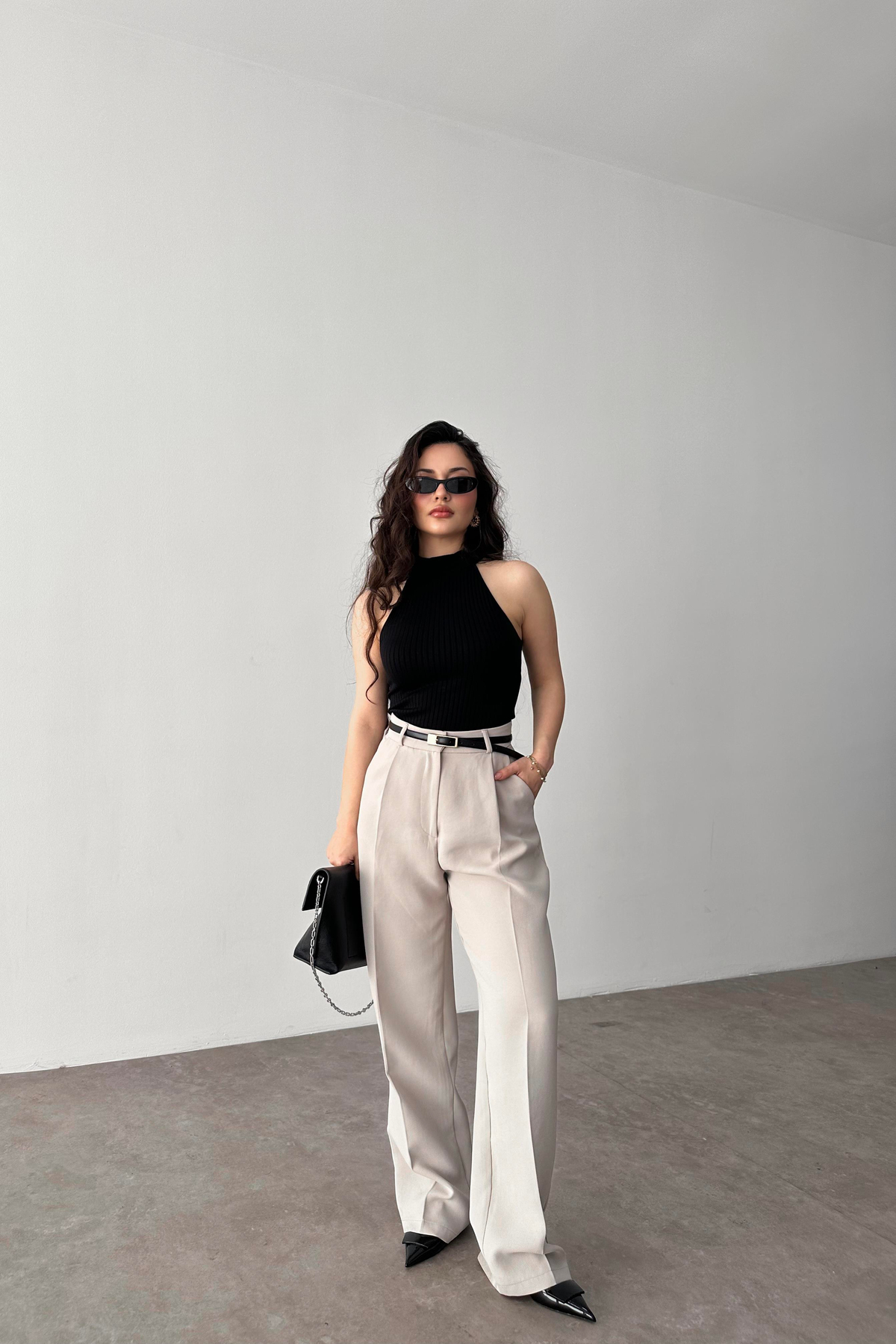 Premium Crep Kumaş Pensli Palazzo Pantolon Taş