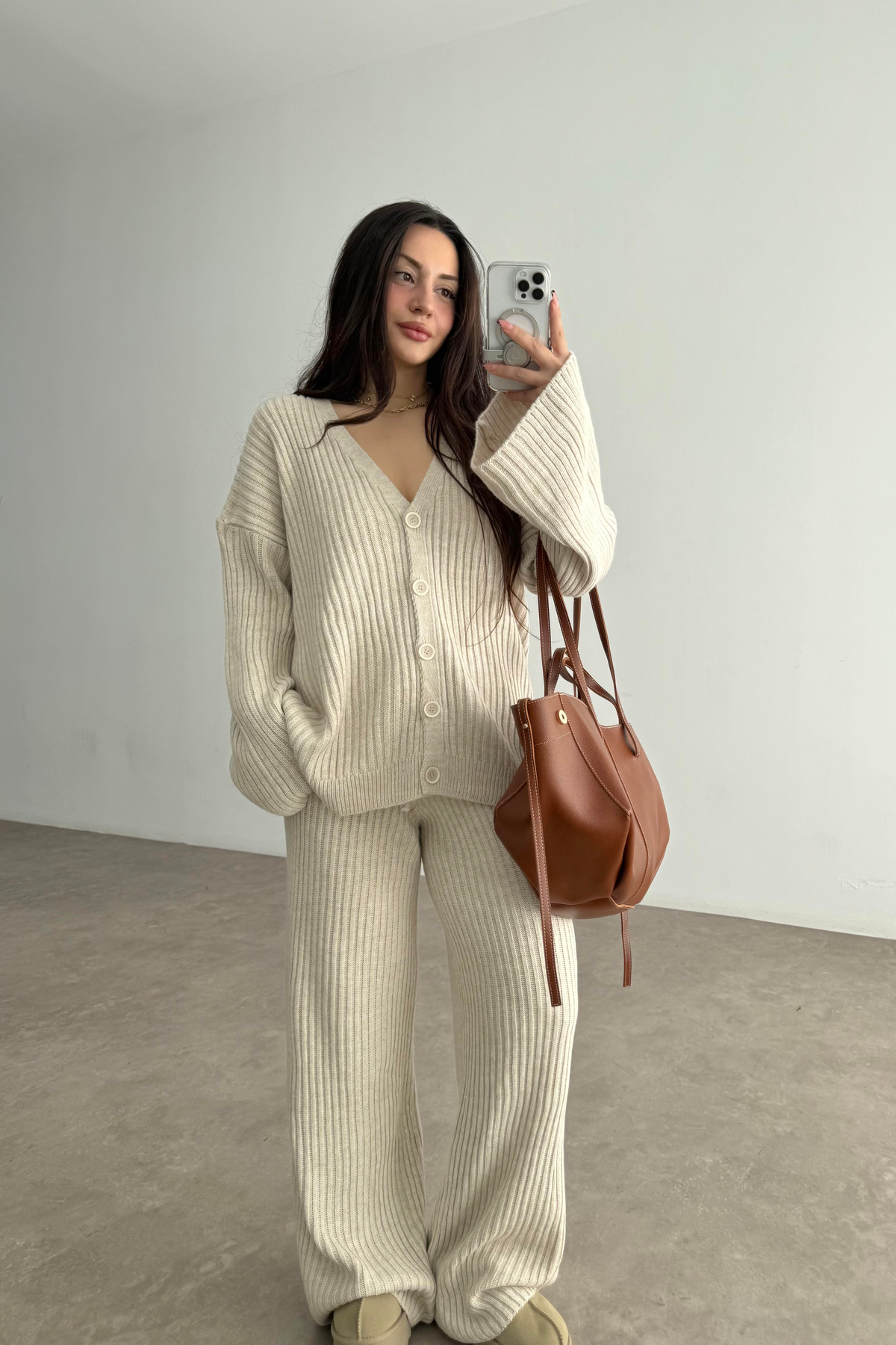 Premium Kaşkorse Hırka Pantolon Triko Ekru Takım