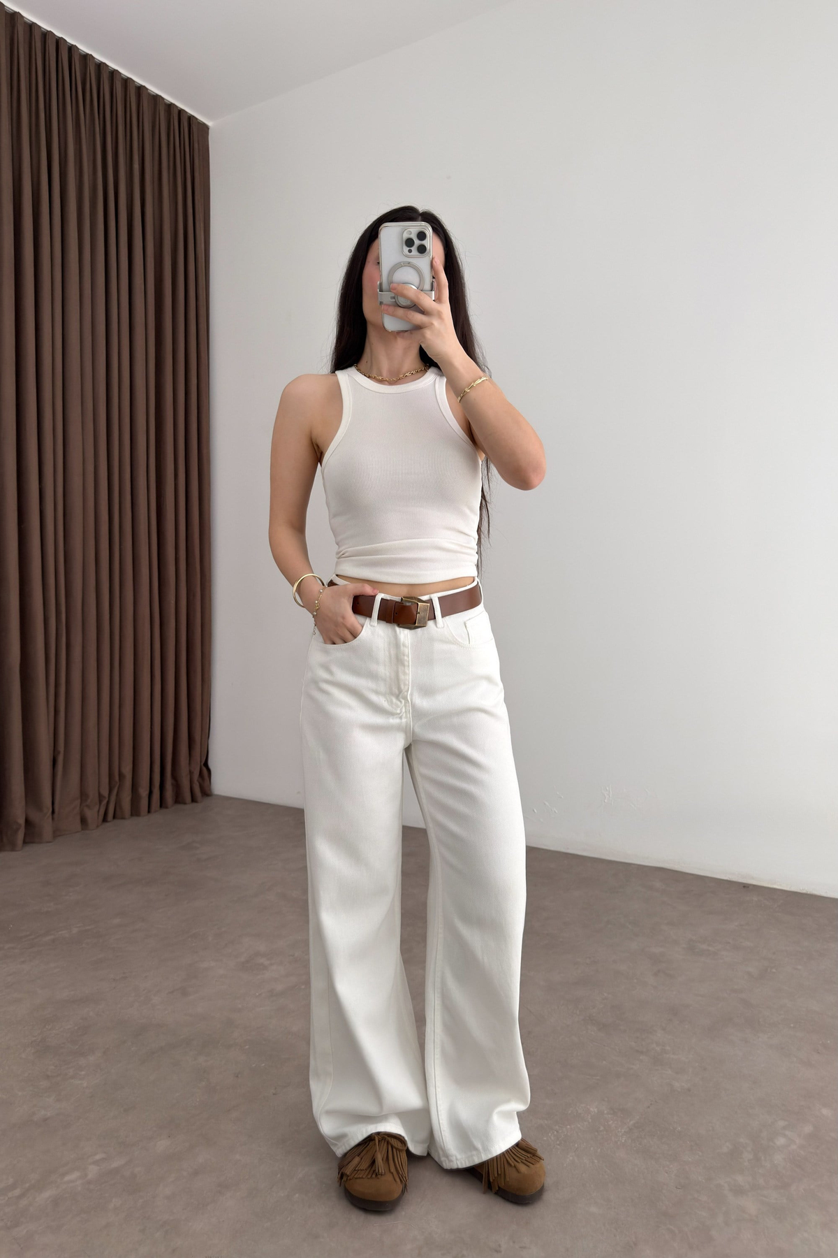 Premium Kemerli Ekru Straight Jean