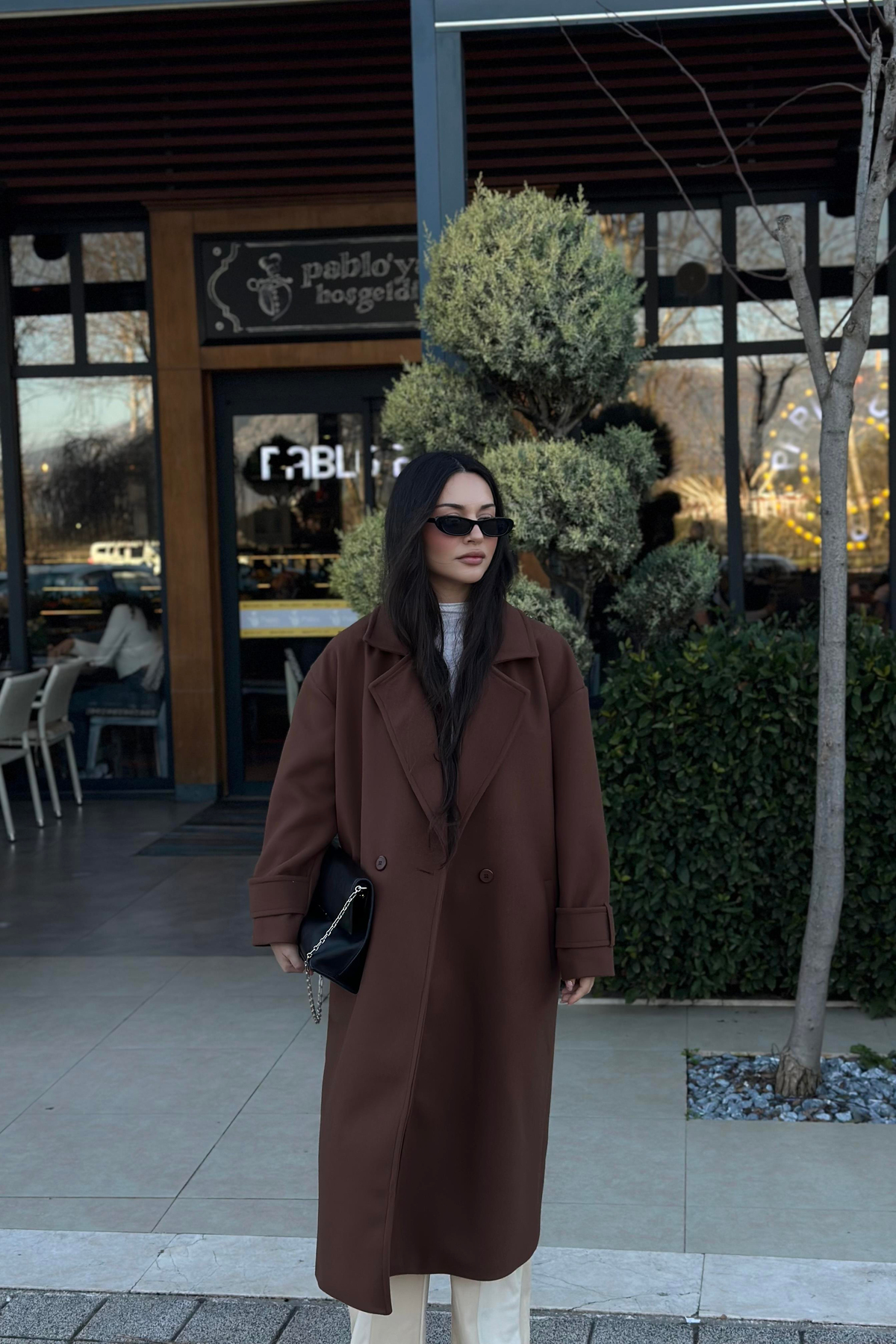 Premium Kruvaze Yaka Düz Kesim Kaban Kahve 