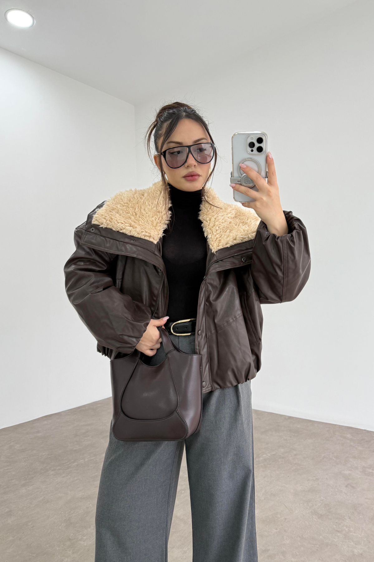 Premium Kürk Yakalı Kahve Bomber Mont