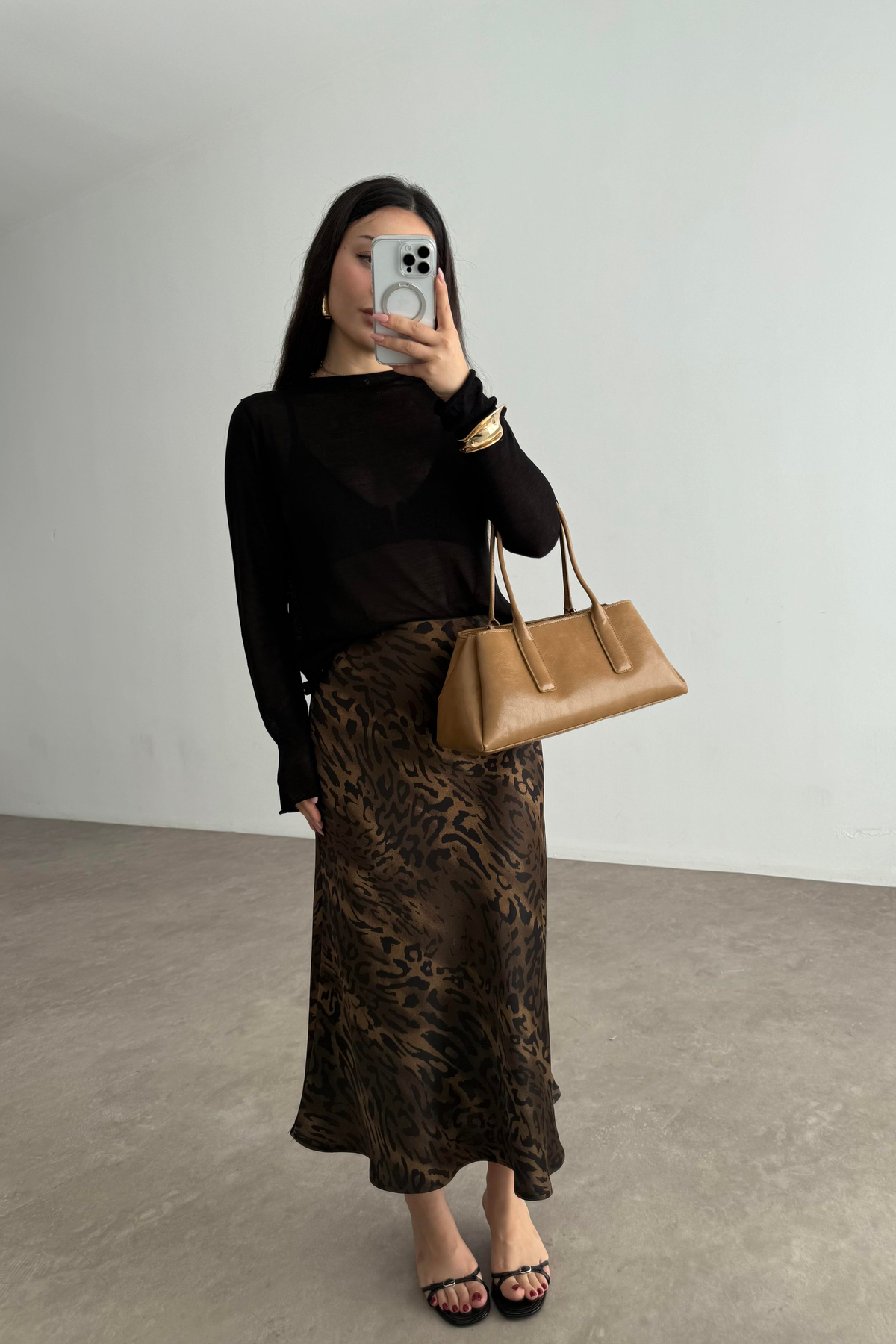 Premium Leopar Desenli Tok Saten Midi Etek 