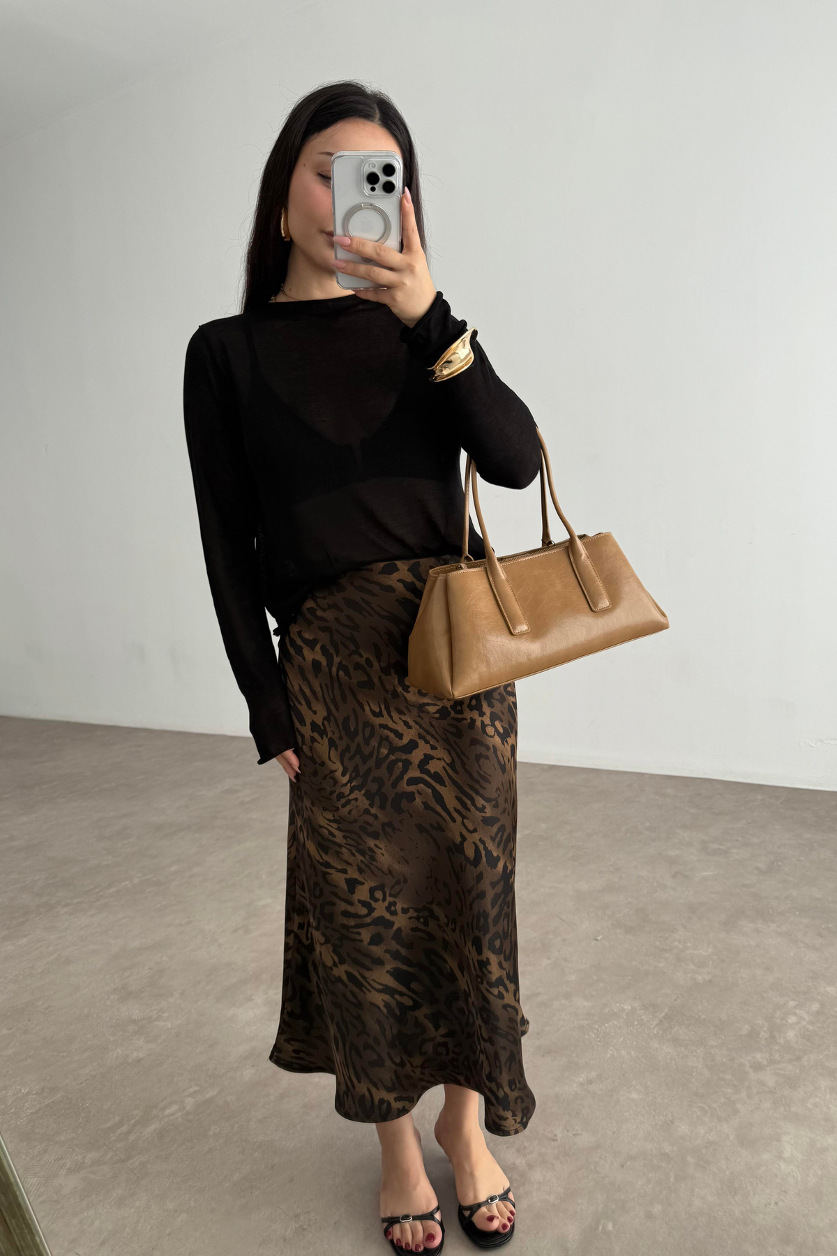 Premium Leopar Desenli Tok Saten Midi Etek 