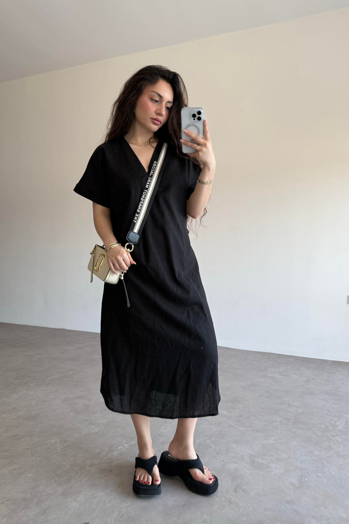 Premium Linen Keten Elbise Siyah