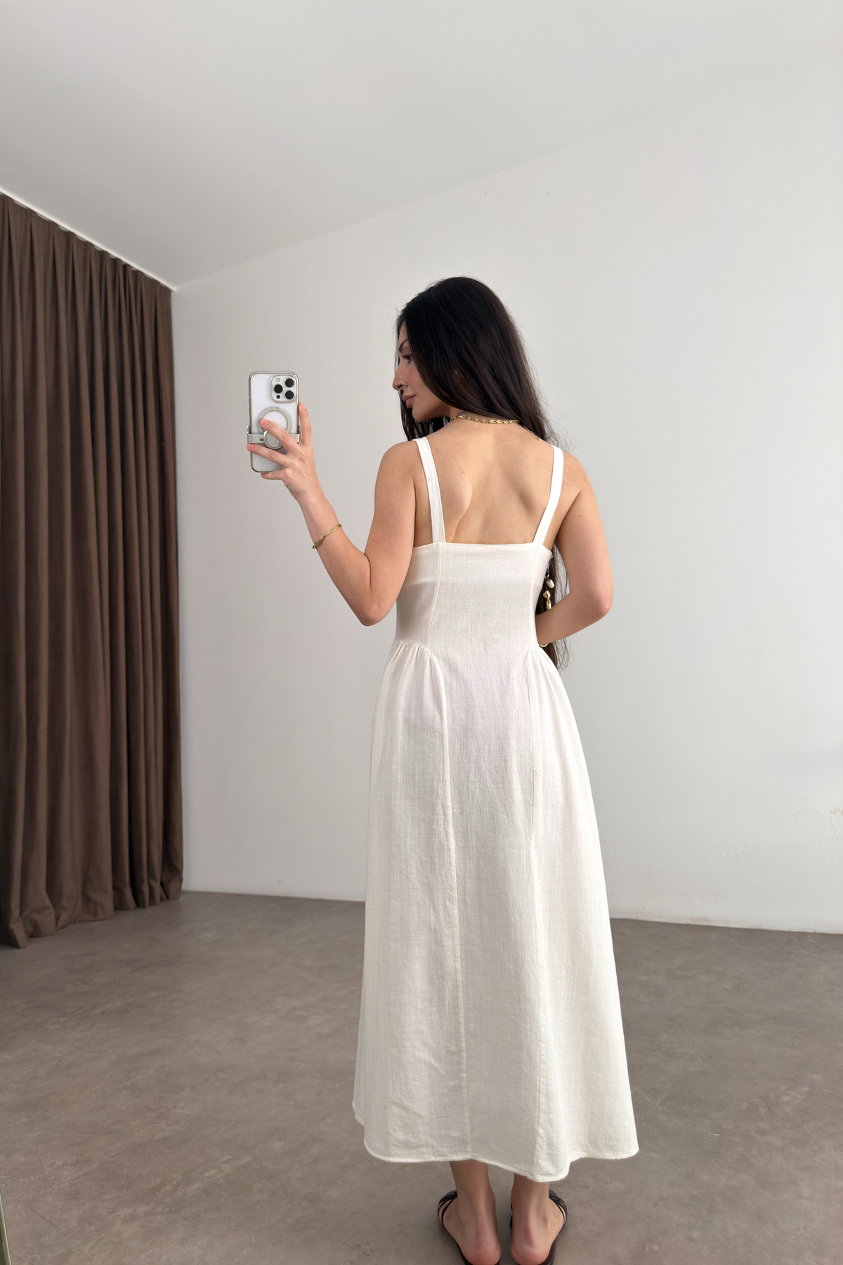 Premium Natural Kumaş Bağcıklı Ekru Elbise