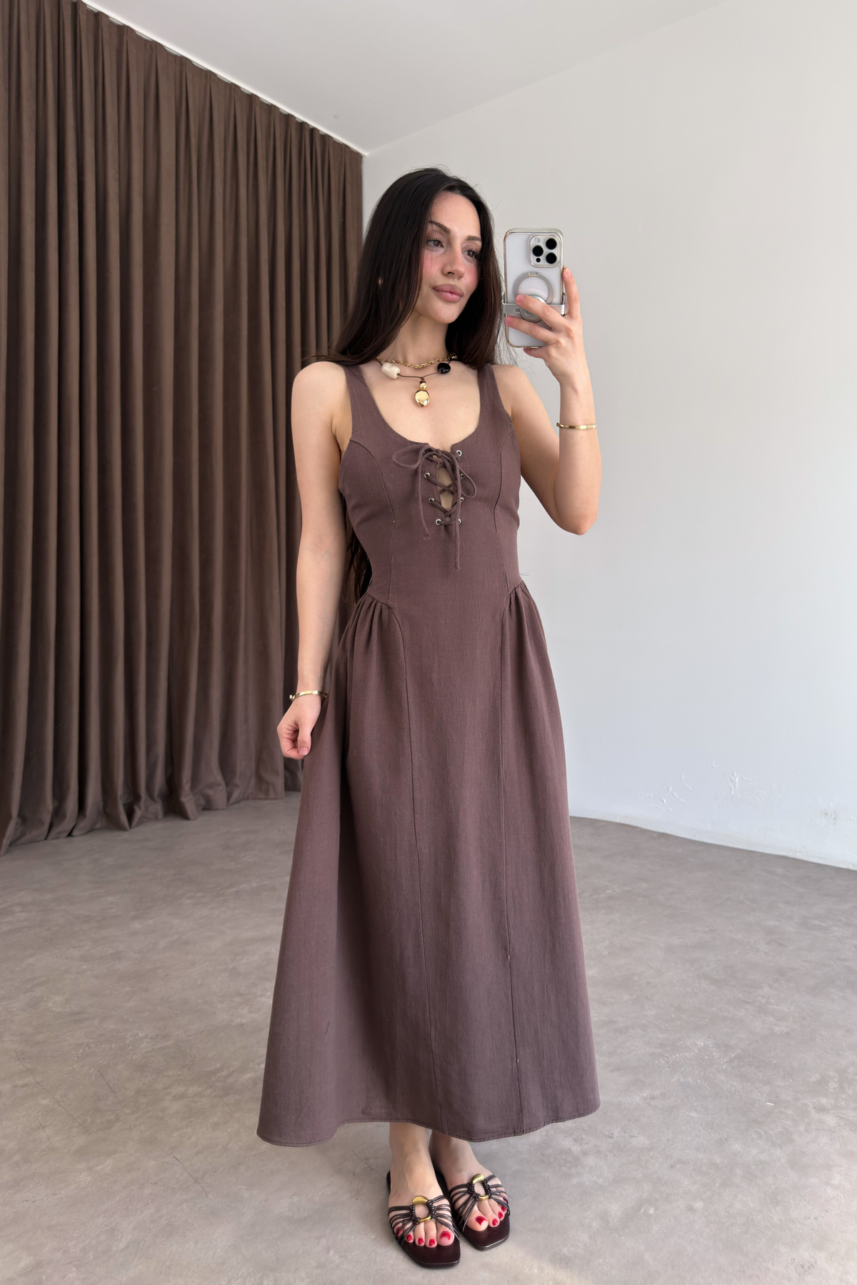 Premium Natural Kumaş Bağcıklı Kahve Elbise