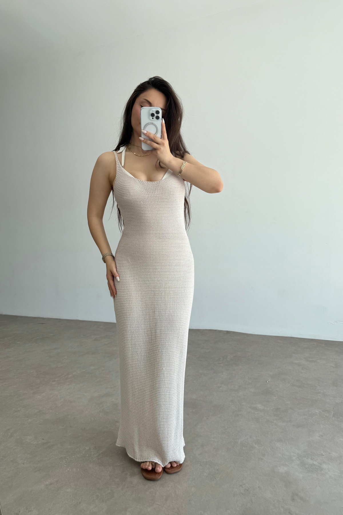 Premium Pamuk Örgü Natural Askılı Plaj Elbisesi