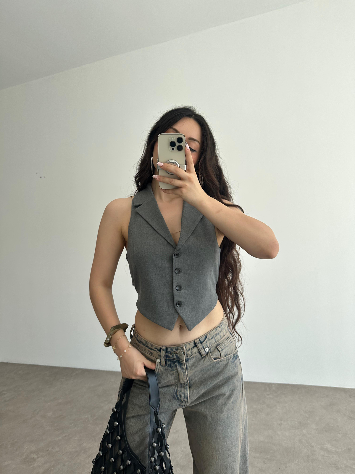 Premium Pamuklu Bağlama Detaylı Gri Yelek