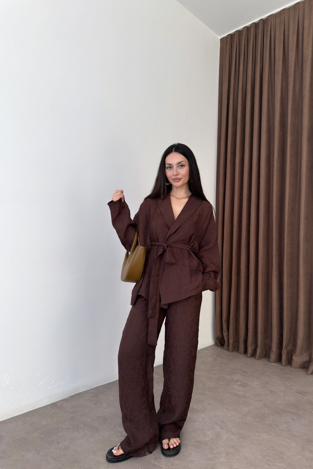 Premium Şal Yaka Kimono Takım Kahve