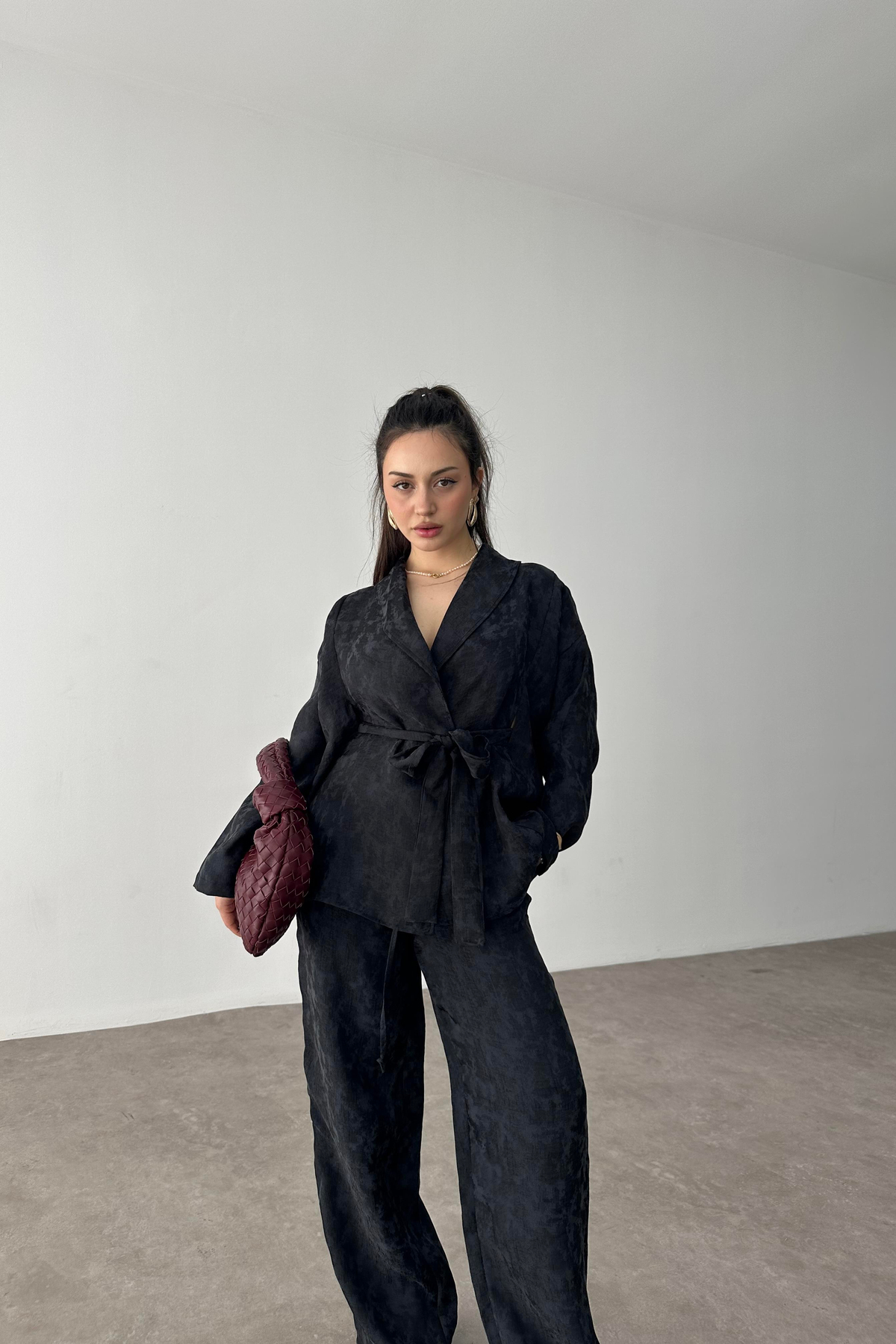 Premium Şal Yaka Kimono Takım Siyah
