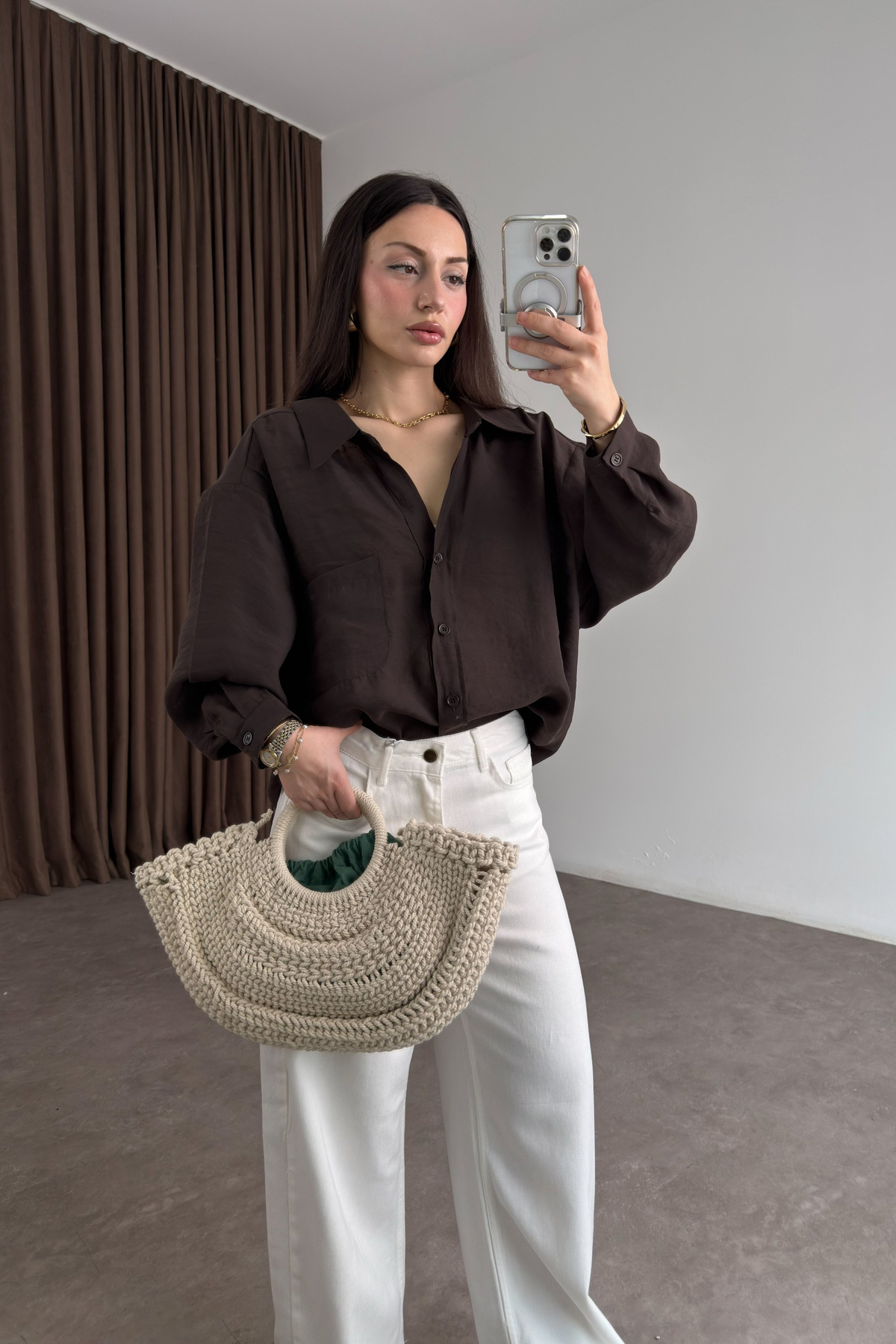 Premium Tensel Oversize Kahverengi Gömlek 