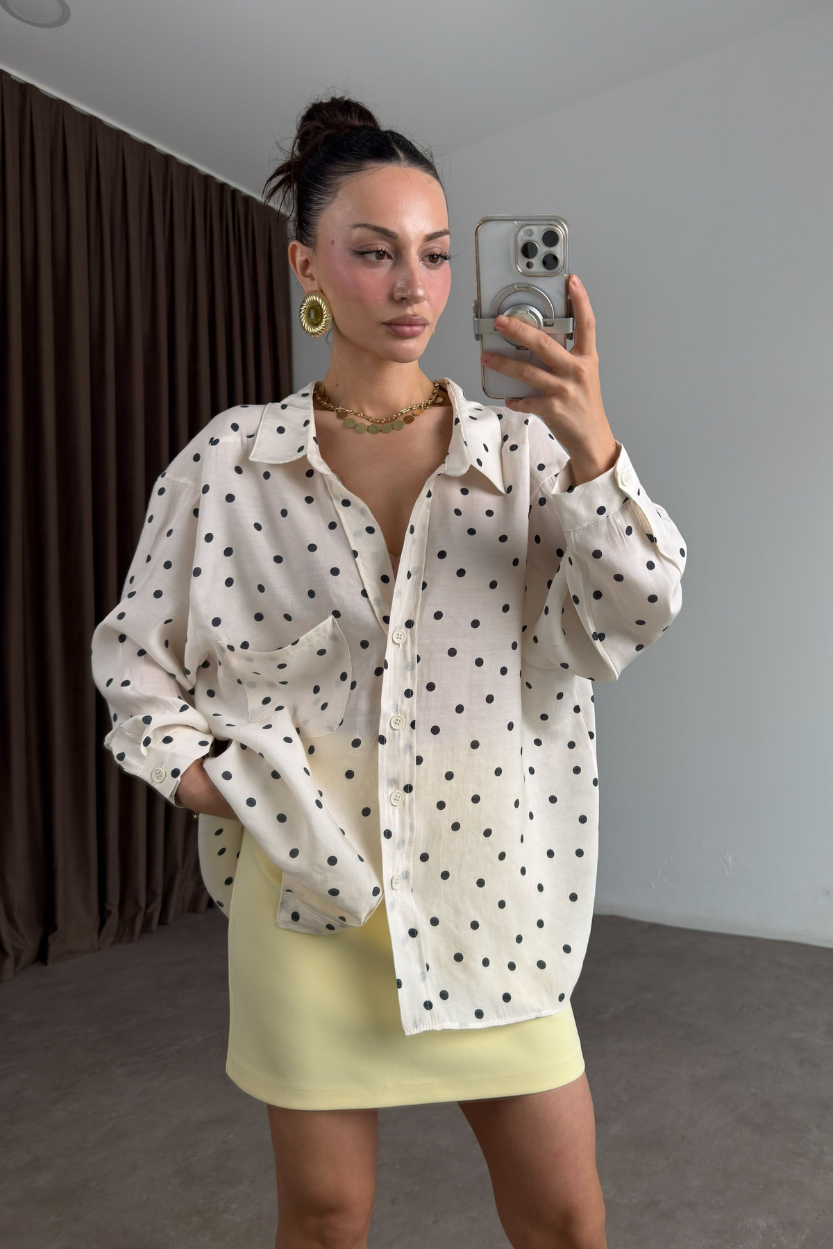 Premium Tensel Oversize Puantiyeli Gömlek 