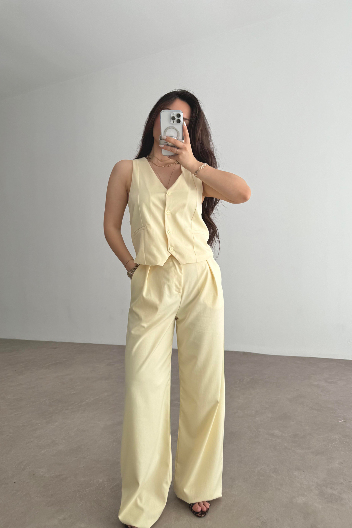 Premium Yelek Pantolon Takım Butter Yellow