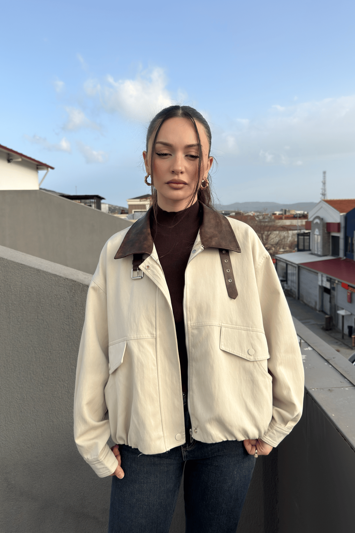 Robin İthal Premium Deri Detaylı Bej Bomber Ceket