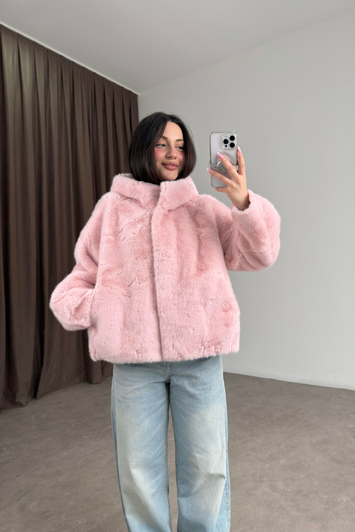 Robin Kapüşonlu İthal Kürk Pembe Mont 