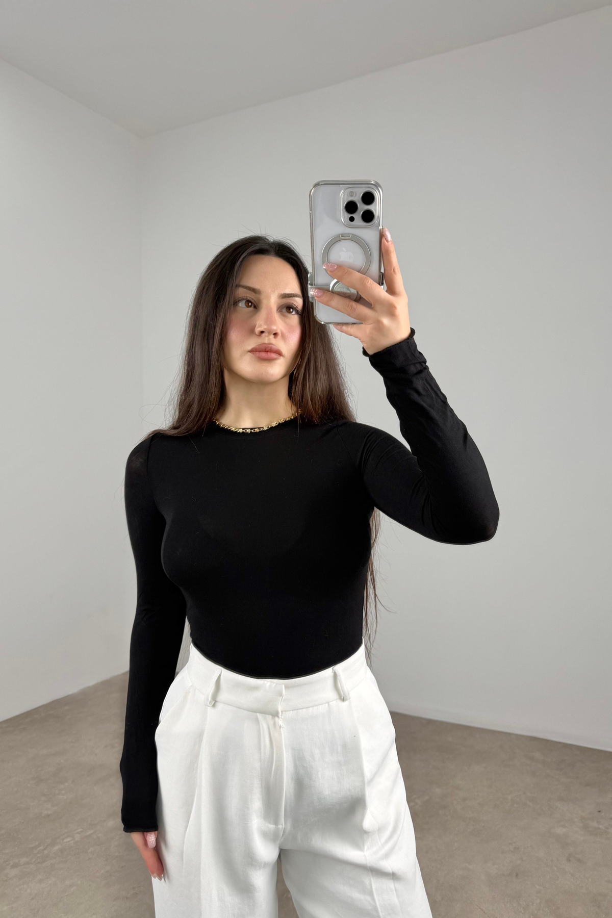 Sıfır Yaka Soft Kumaş Yarı Transparan Siyah Body