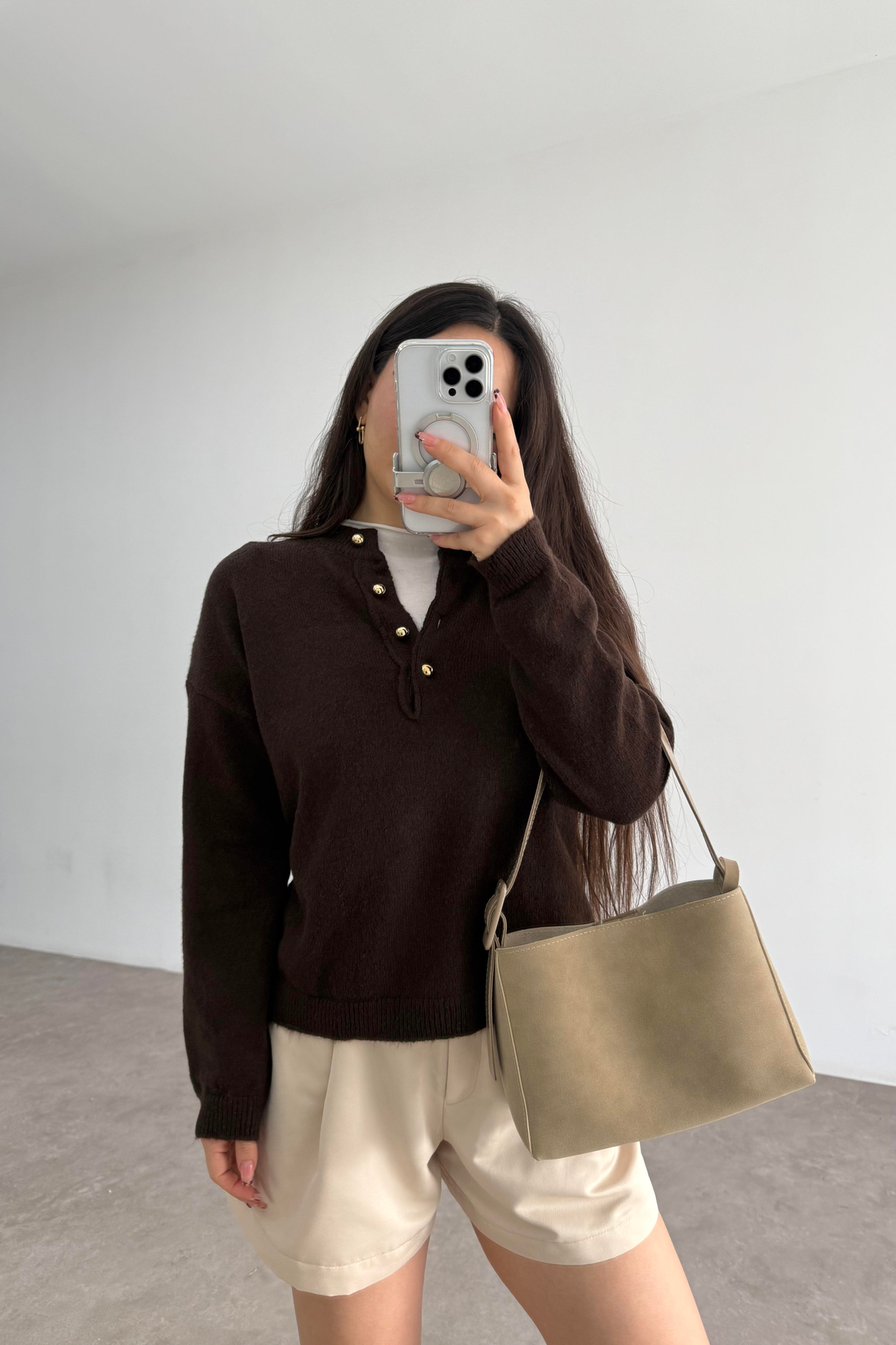 Süet Kare Model Bej Çanta