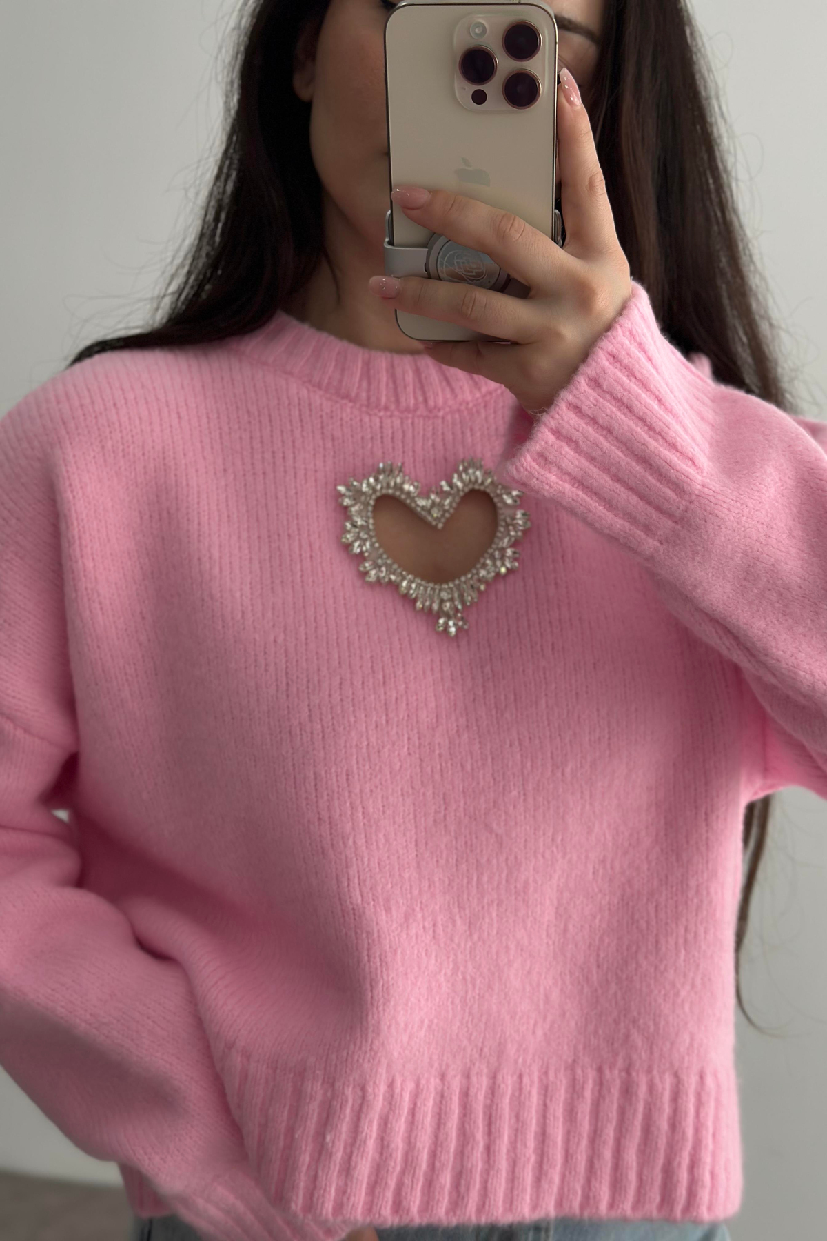 Taşlı Kalp Detaylı Pembe Triko kazak