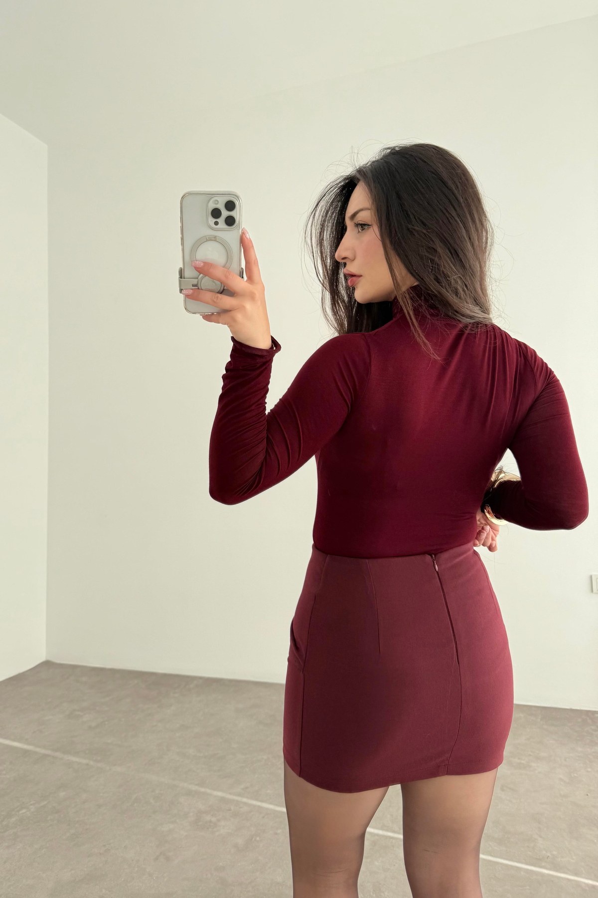 Yarı Transparan Basic Boğazlı Bordo Body