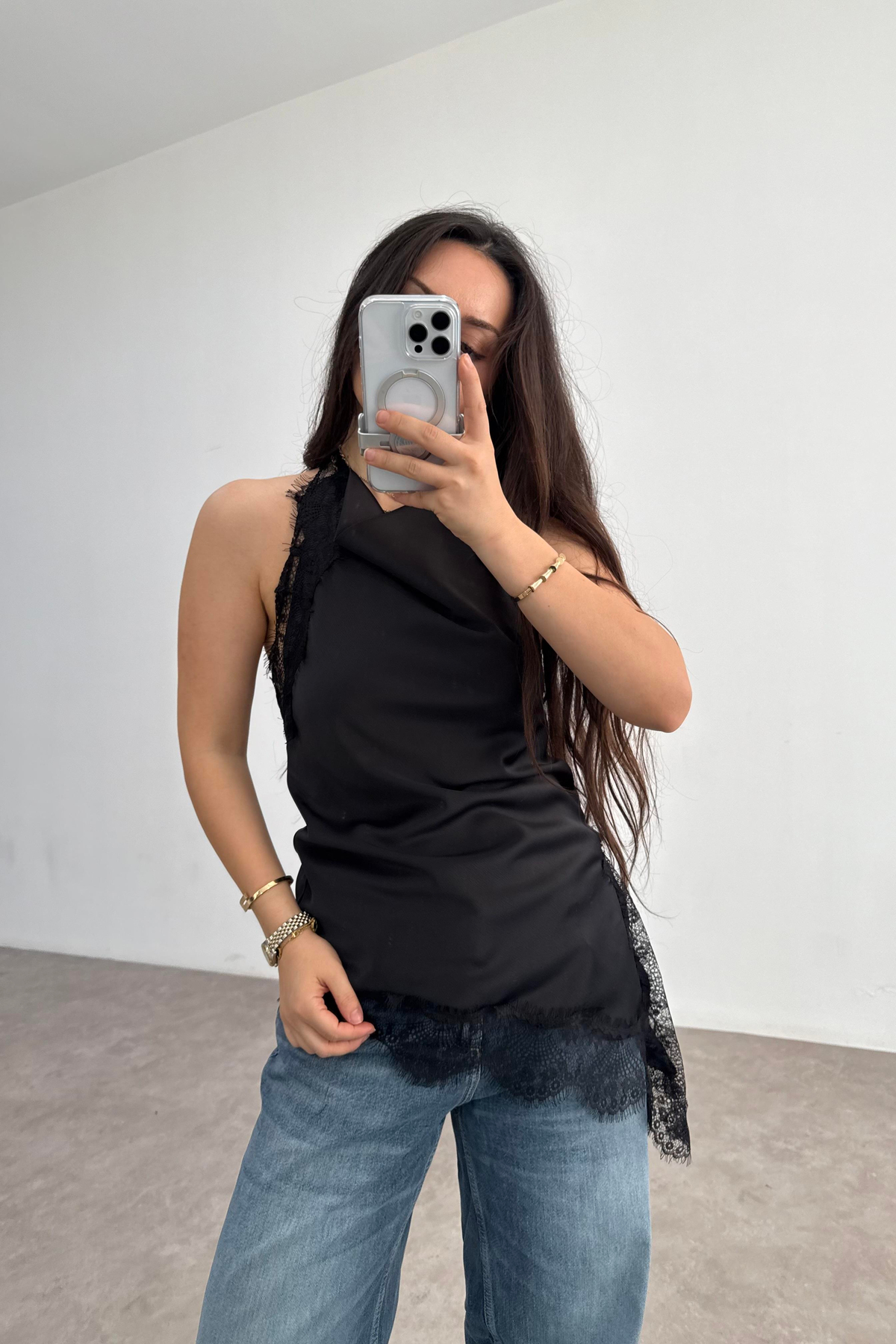 Zra Model Dantelli Şal Yaka Siyah Bluz