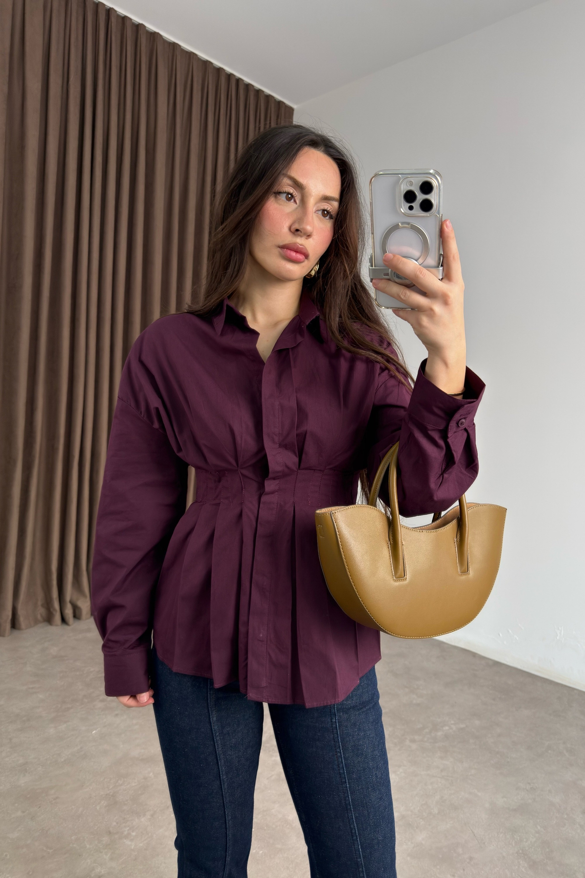 Zra Model Pileli Bel Oturtmalı Bordo Gömlek