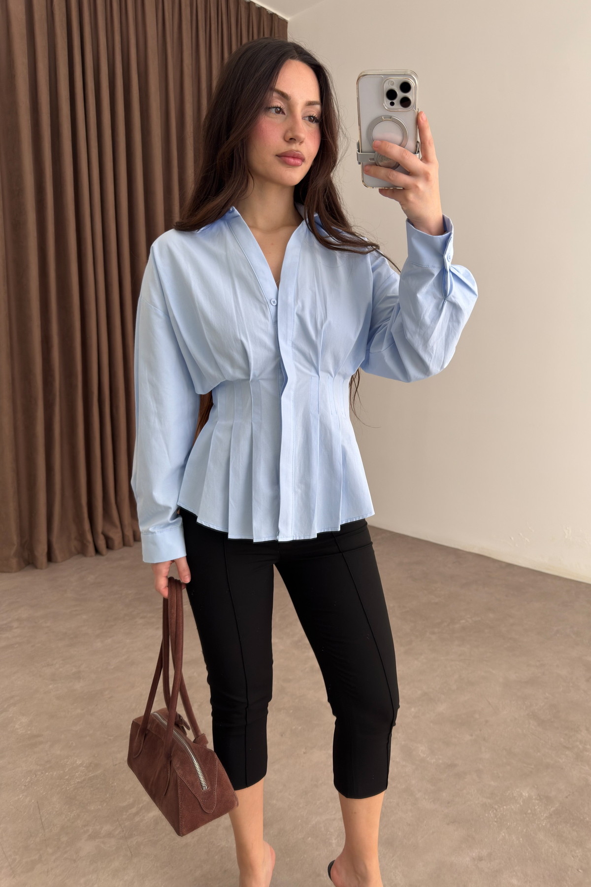 Zra Model Pileli Bel Oturtmalı Mavi Gömlek