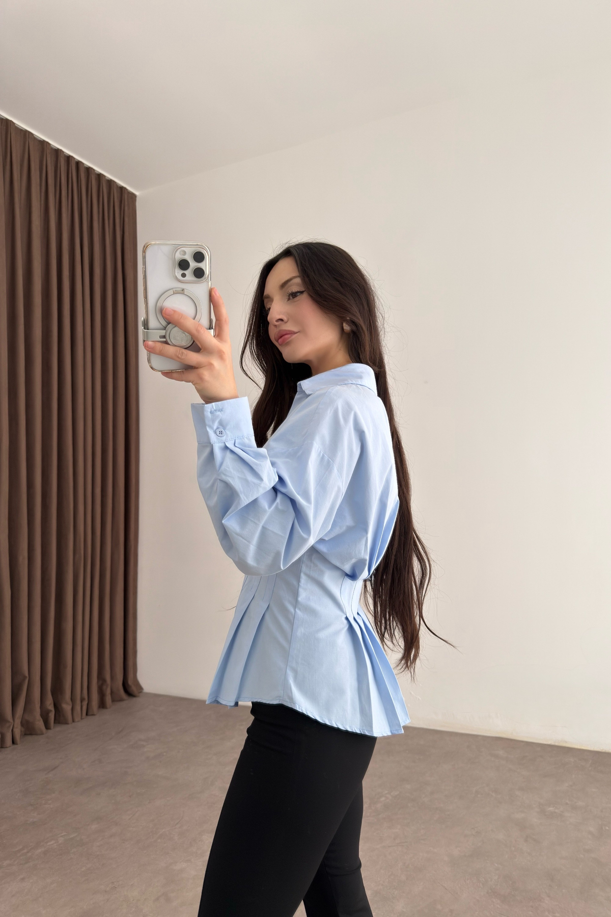 Zra Model Pileli Bel Oturtmalı Mavi Gömlek
