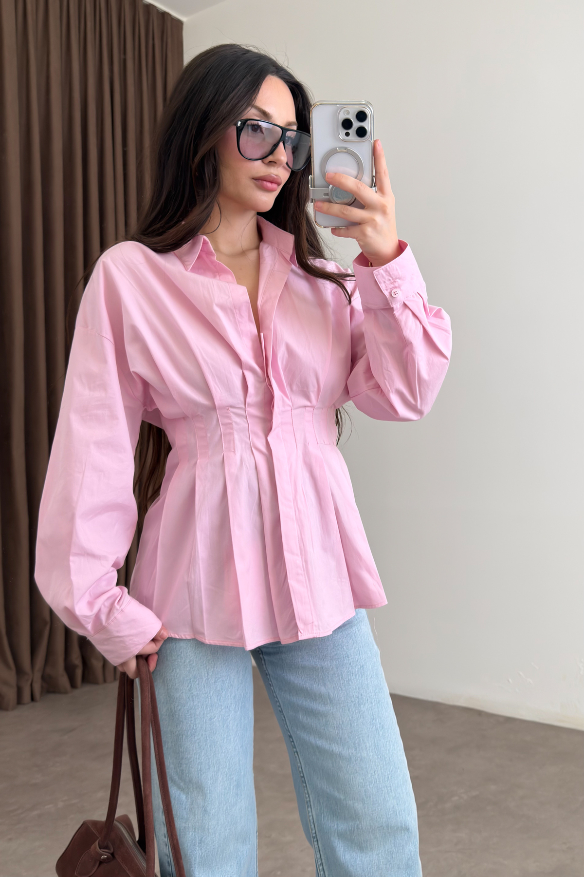 Zra Model Pileli Bel Oturtmalı Pembe Gömlek