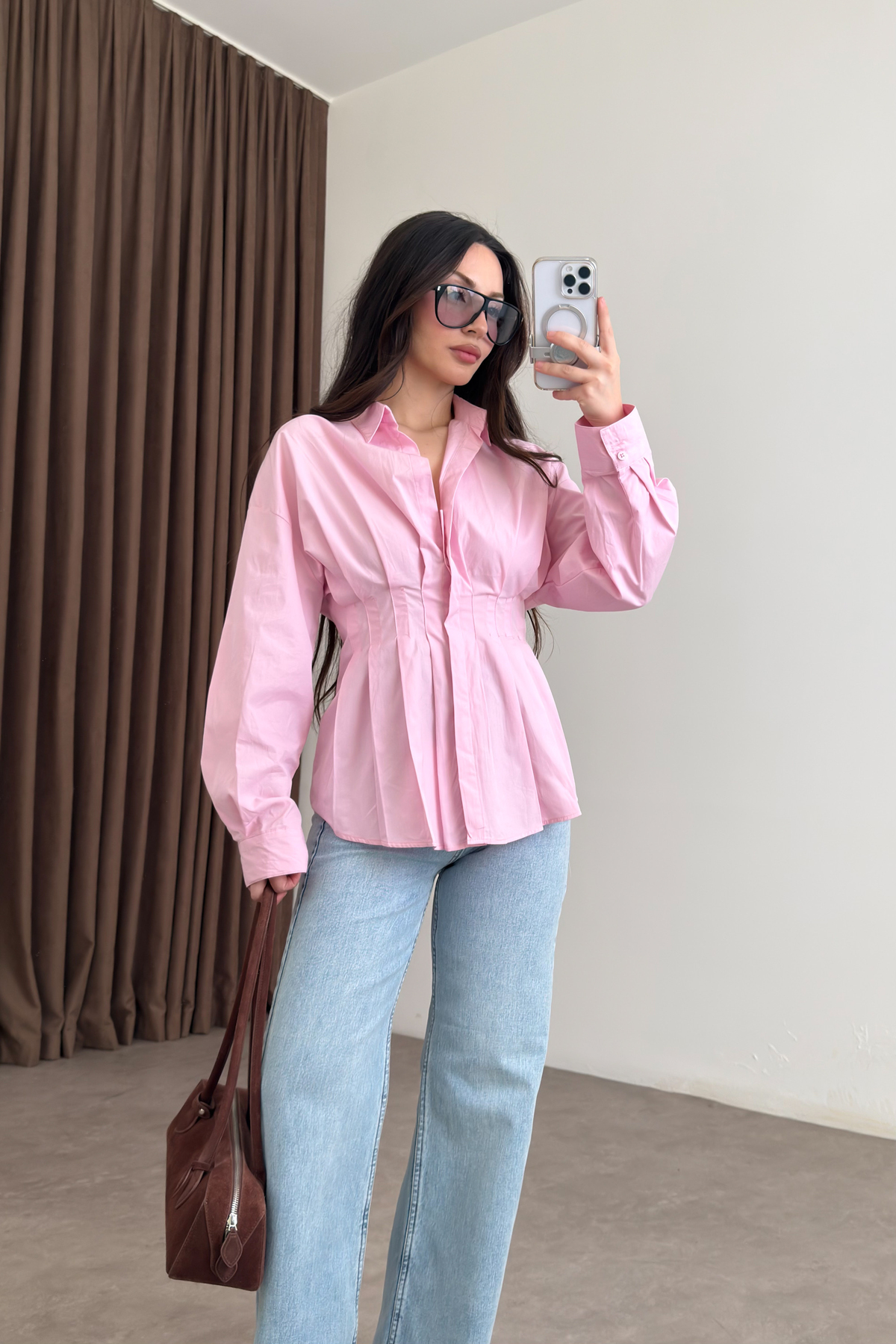 Zra Model Pileli Bel Oturtmalı Pembe Gömlek