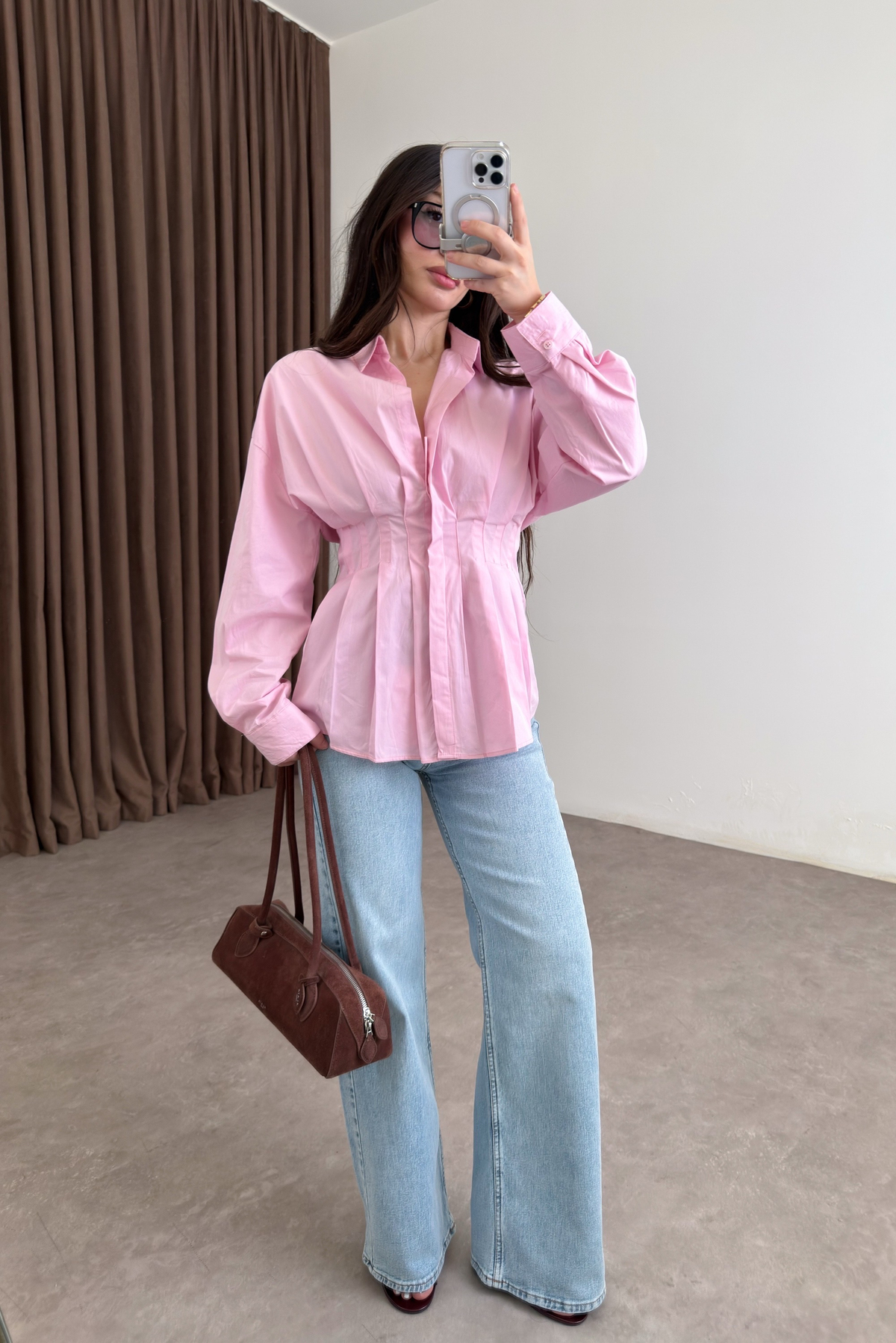 Zra Model Pileli Bel Oturtmalı Pembe Gömlek