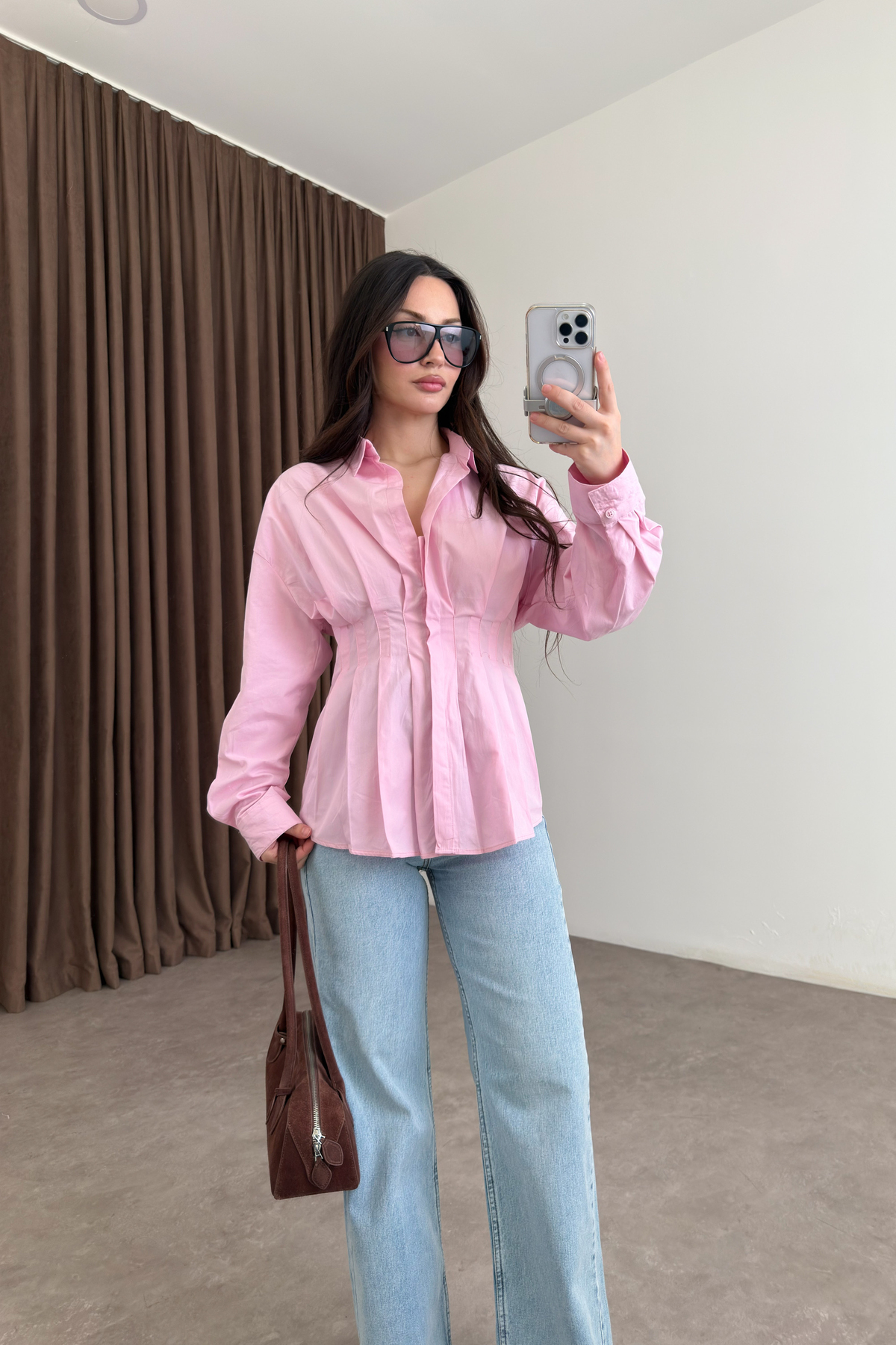 Zra Model Pileli Bel Oturtmalı Pembe Gömlek