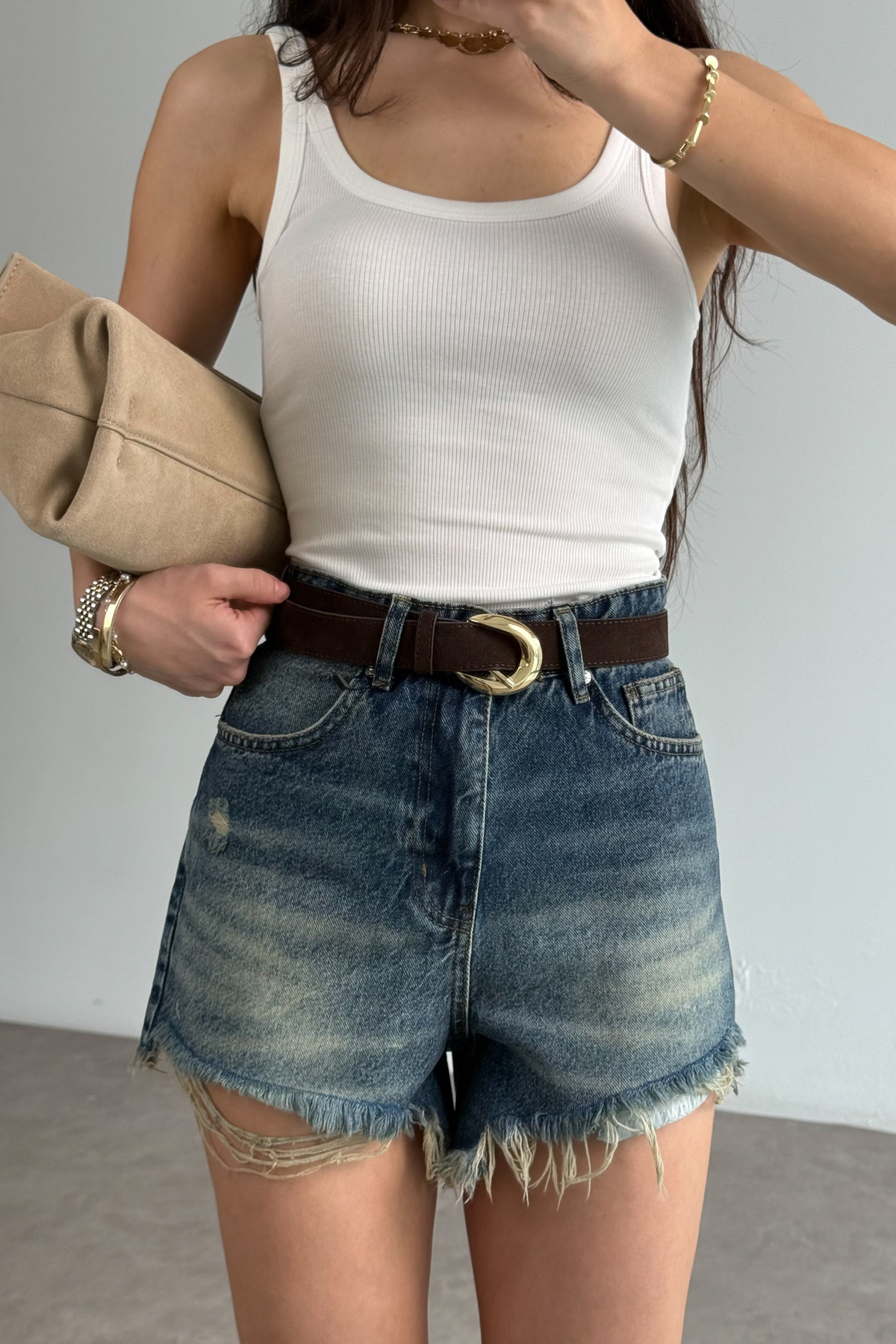 Zra Eskitme Detaylı Vintage Blue Denim Şort