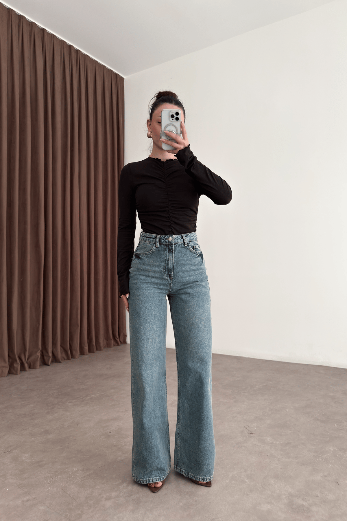 Orijinal Marka  Vintage Yeşil Yıkama Straight Leg Yüksek Belli Jean